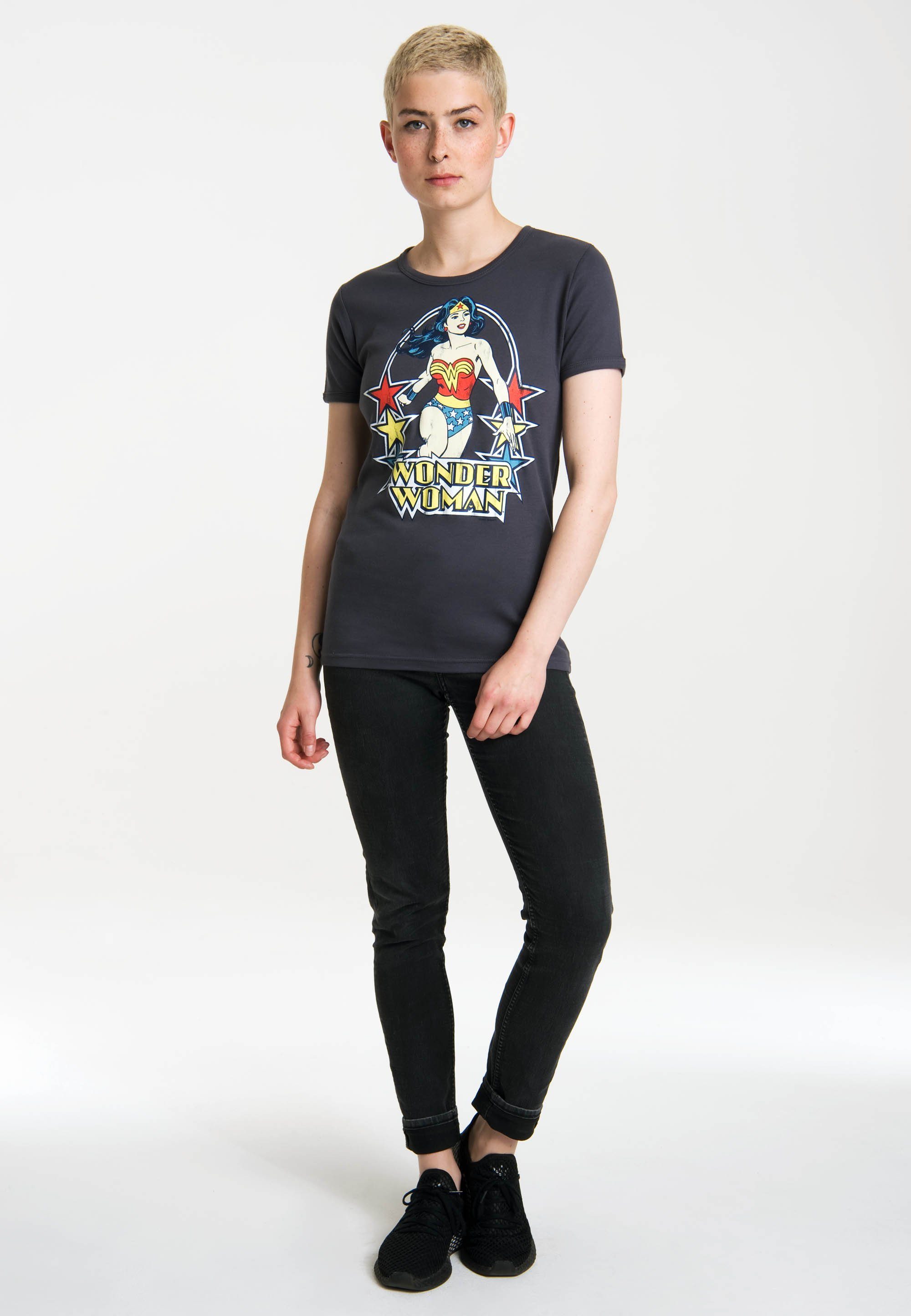 Einkaufstasche LOGOSHIRT T-Shirt Wonder Woman – Stars mit lizenziertem blau-grau Originaldesign