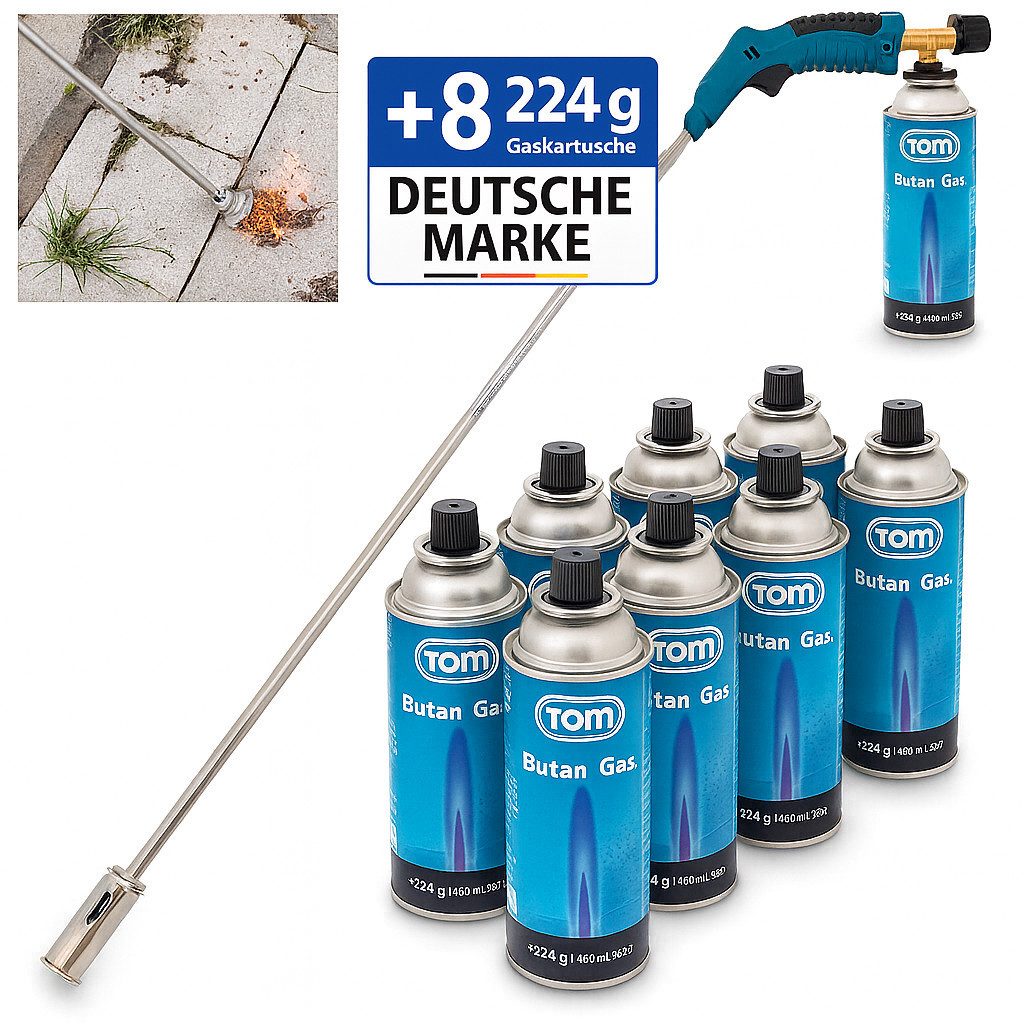 TOM Unkrautbrenner UB-300 mit 8x 227g Gaskartuschen, 1000 °C maximal, Piezozündung, MSF-1A, Unkrautvernichter, Unkrautentferner