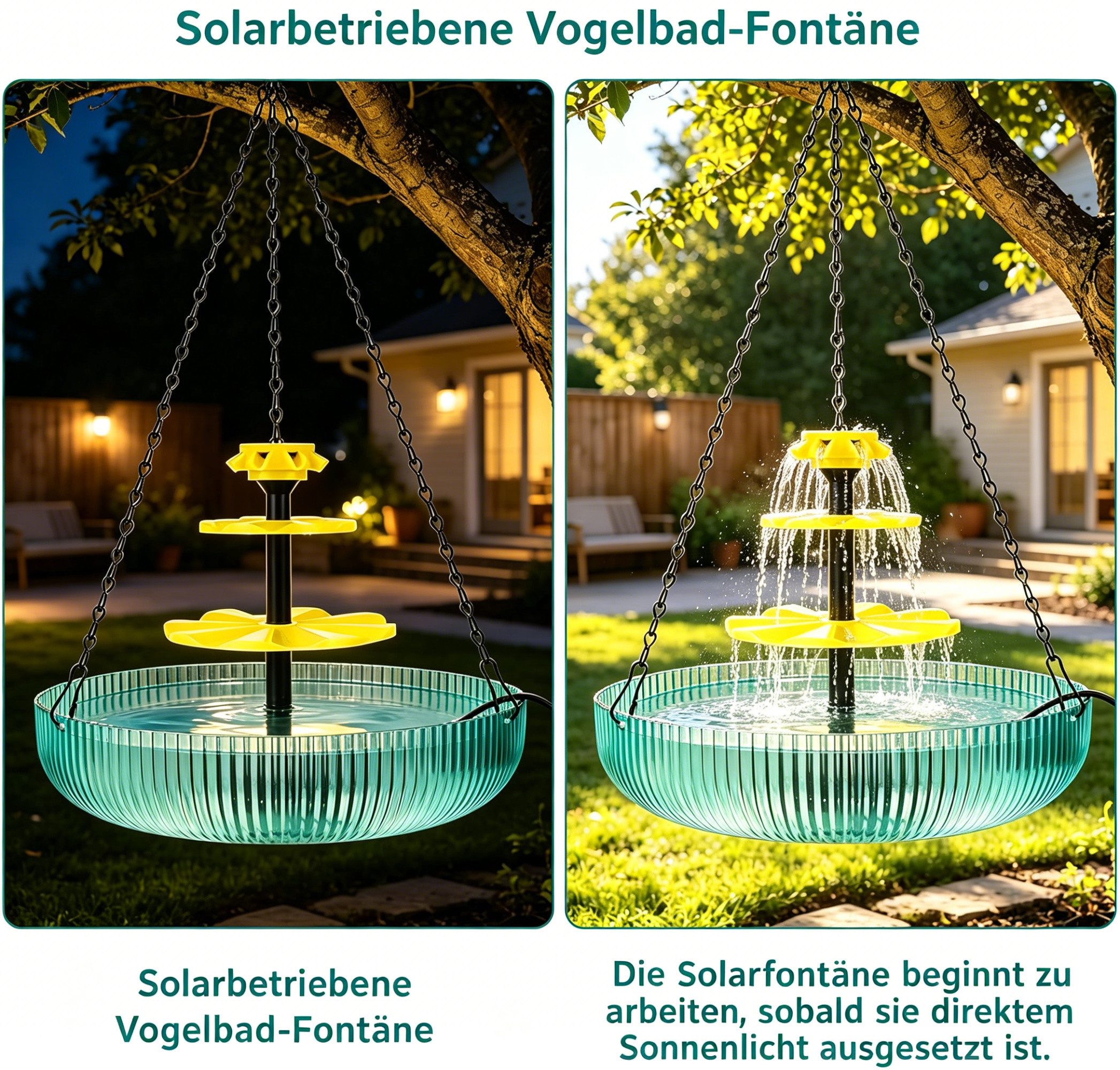 Srvillg Vogeltränke Solar Vogeltränke Hängend, 3-stufige Kaskadenbrunnen Deko, Für Garten & Terrasse, mit Solarpumpe und großem Wasserbecken – Bild 4 von 5