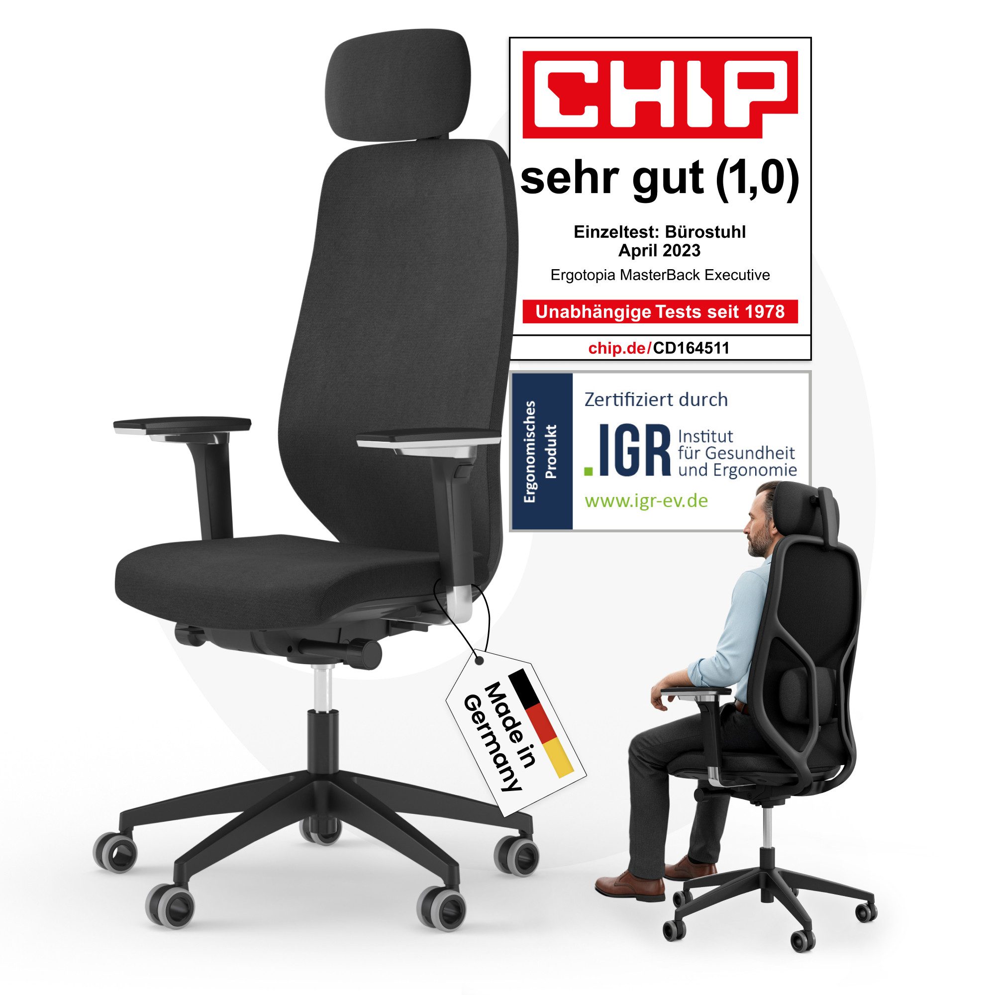 Ergotopia Bürostuhl MasterBack ergonomischer Schreibtischstuhl mit Kopfstütze (bereits montiert)