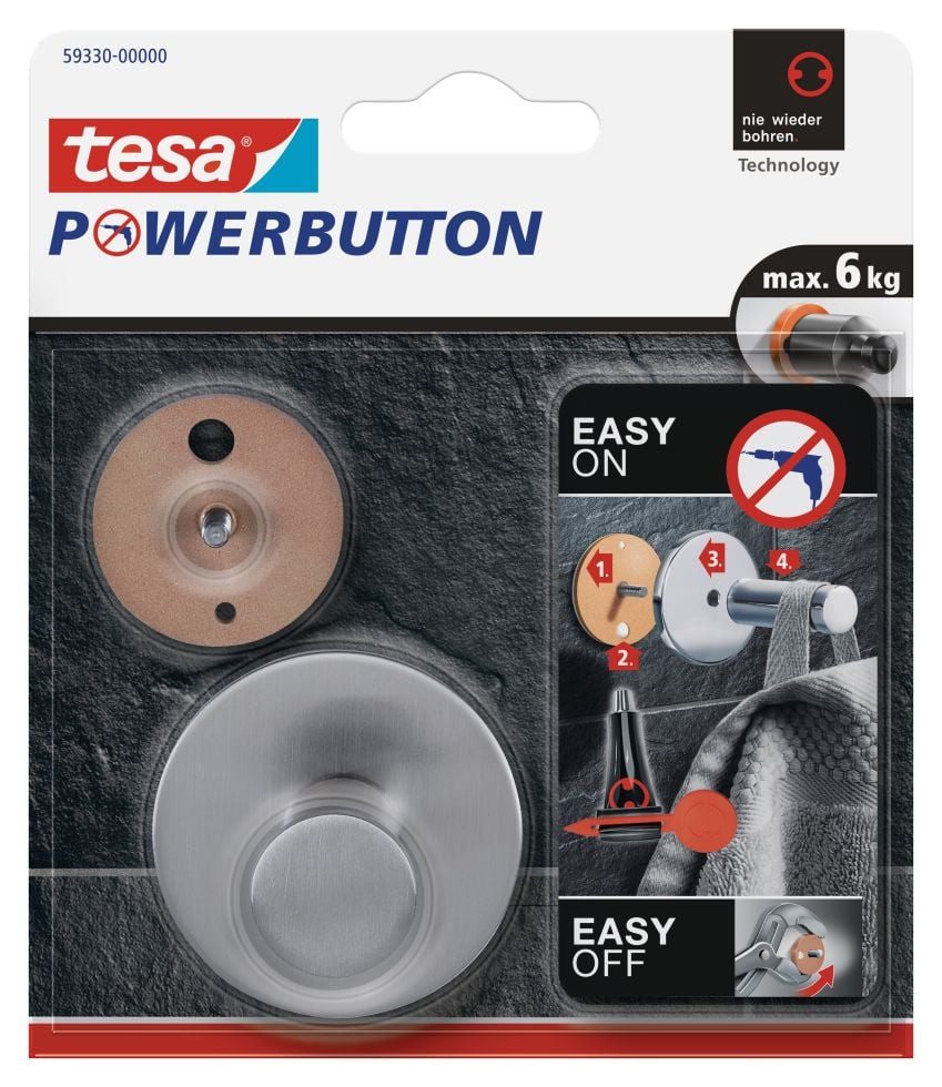 tesa Klebehaken tesa Powerbutton Haken Classic rund, Edelstahl