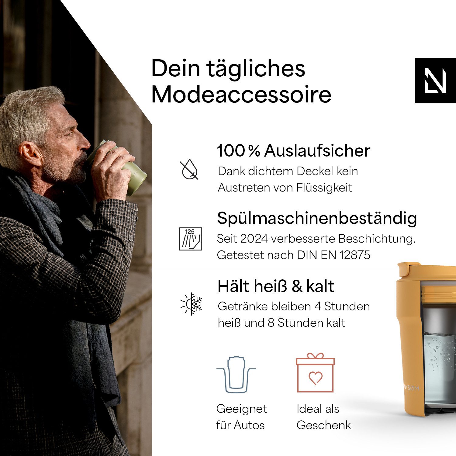 LARS NYSØM Thermobecher Bevægelse, 1-tlg., Thermobecher mit Vakuum Isolierung: 4h heiß / 8h kühl