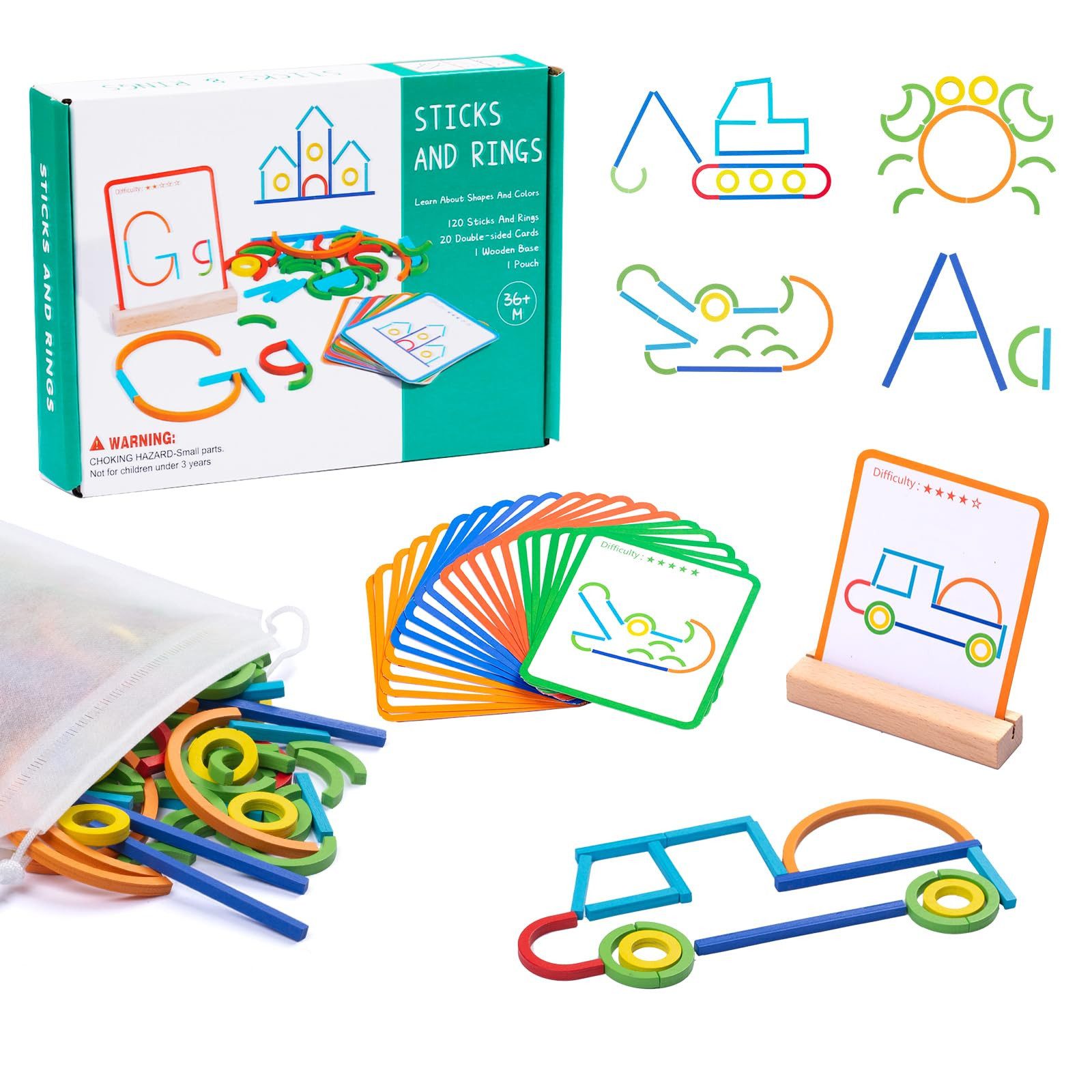 Flintry Lernspielzeug Konstruktionsspiel mit Stäben und Ringen in Puzzleform,Holzstapelspiel, Montessori-Spielzeug,Holz-Lernspiel zum Bauen von Buchstaben