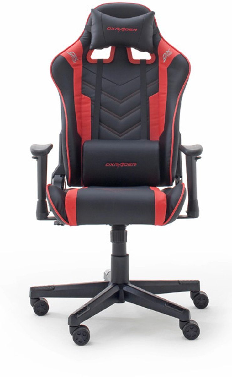 DXRacer Gaming Chair DXRacer OK132 (Cheffsessel in Kunstleder schwarz mit rot), mit Lordosenkissen, Schalensitz, verstellbare Armlehnen SCHWARZ-ROT