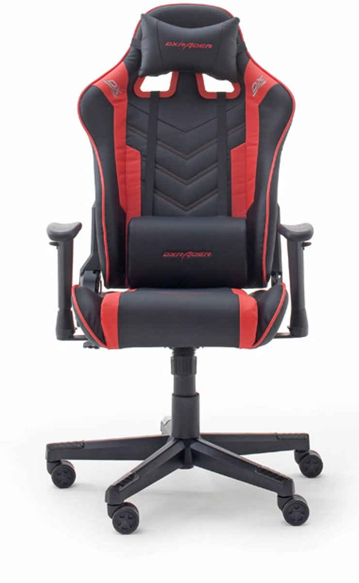 DXRacer Gaming Chair DXRacer OK132 (Cheffsessel in Kunstleder schwarz mit rot), mit Lordosenkissen, Schalensitz, verstellbare Armlehnen