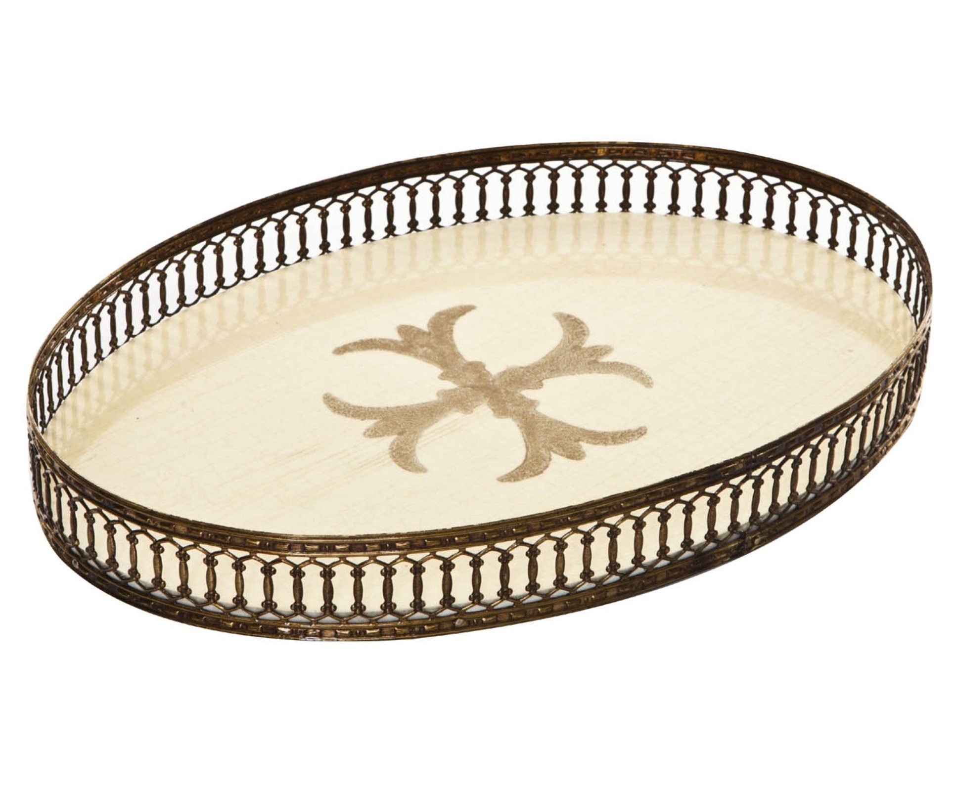 Dekotablett Tablett oval creme beige mit Lilie goldener Rand klassisch
