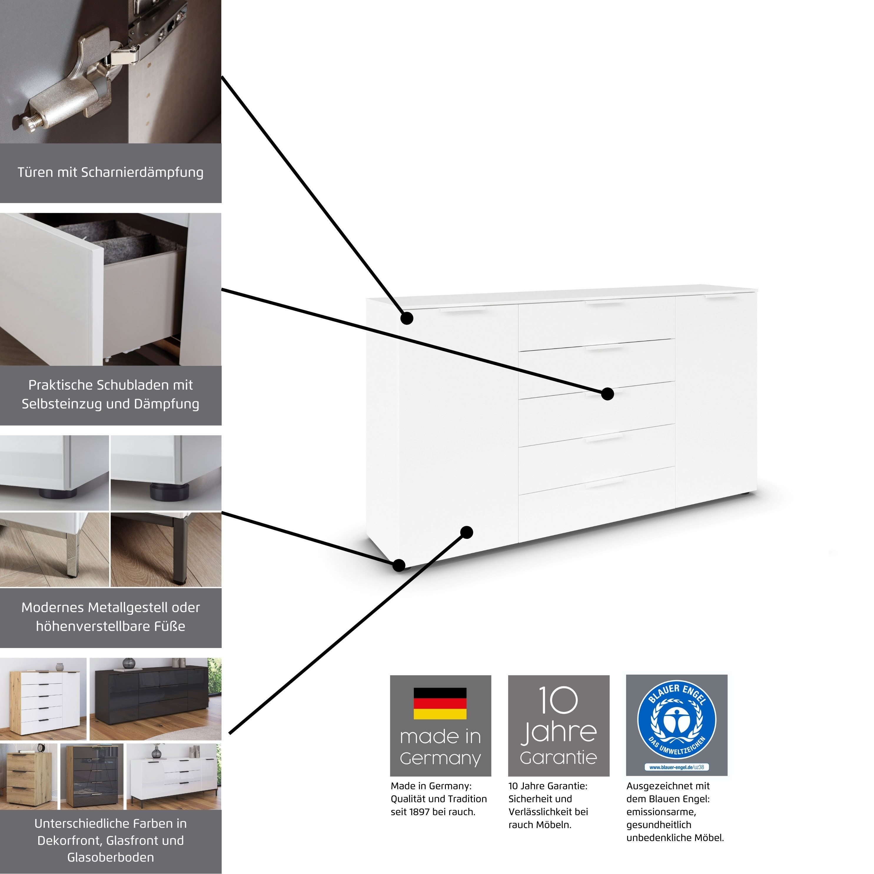 rauch Nachtkommode Nachttisch Nachtschrank Nachtkonsole FLIPP (Breite 40 cm), mit 3 Schubladen und Soft-Close-Funktion