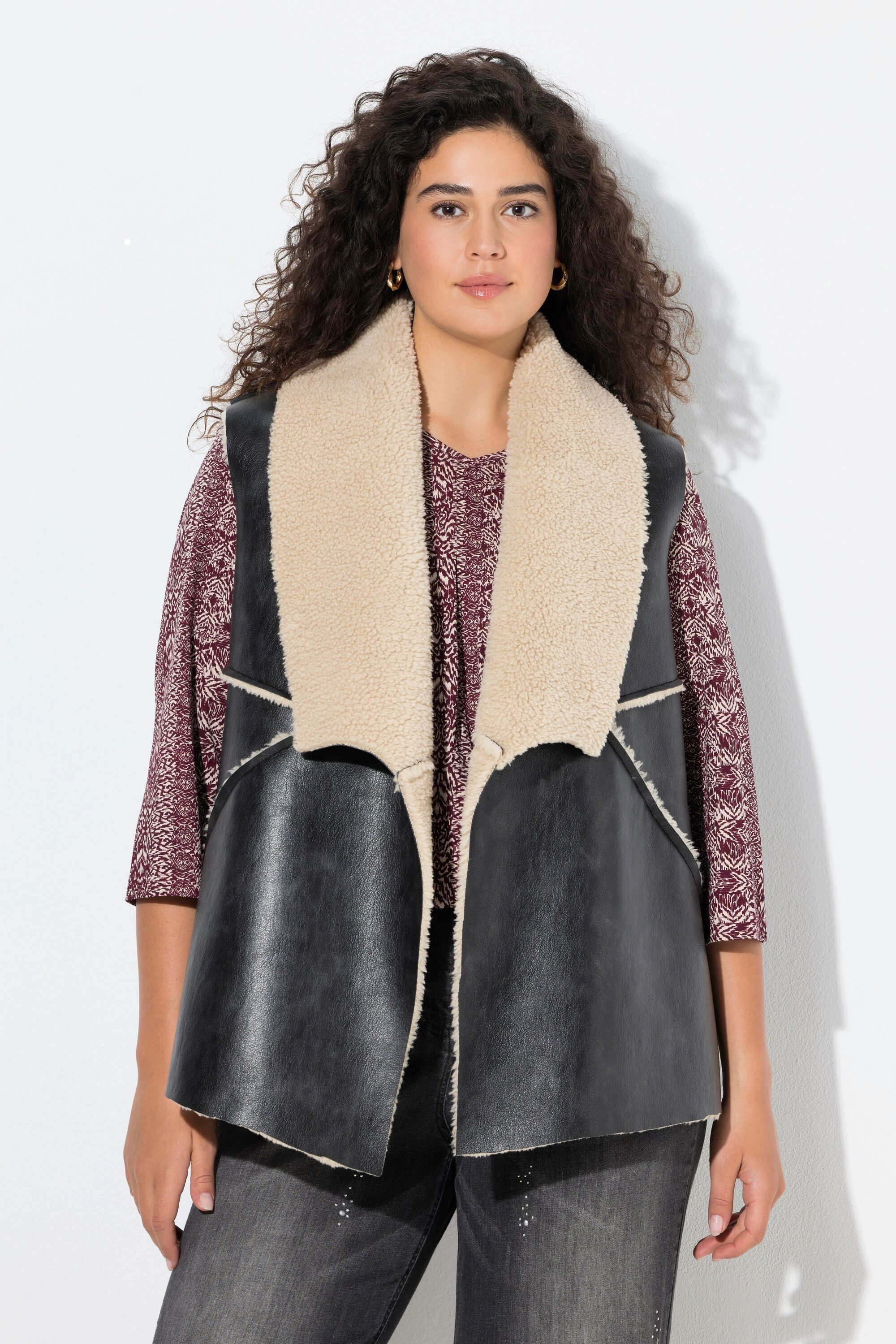 Ulla Popken Steppweste Weste Lederoptik Tedyfutter Spatenkragen ärmellos günstig online kaufen