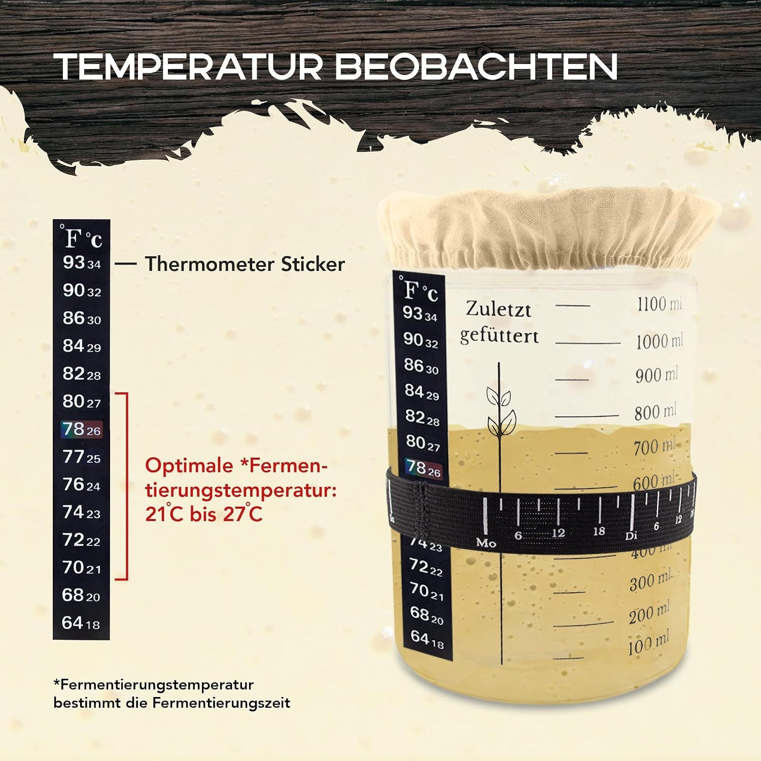 MEISTERZWECK4U Fermentationsglas Sauerteig Starter Set zum Brot backen - 1100ml Gärglas mit Thermometer, (7-teiliges Sauerteig Set für Fermentation und Brotback – Bild 5 von 5
