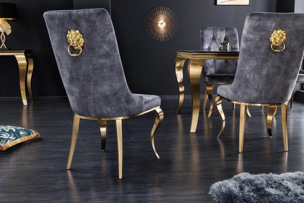 riess-ambiente Polsterstuhl MODERN BAROCK grau / gold (Einzelartikel, 1 St), Esszimmer · Samt · Metall · Chesterfield-Steppung