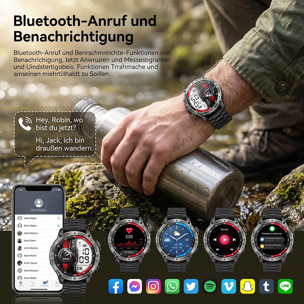 Vashoy Outdoor-Smartwatch mit 1,43" AMOLED & GPS,Barometer und Höhenmesser Smartwatch (390mm cm/1.43 Zoll, Android4.4/ISO1.0) Spar-Set, 3-tlg., IP68 wasserdicht, 160+ Sportmodi, Puls, Schlaf, Schritte,für Herren, Damen, Android/iOS