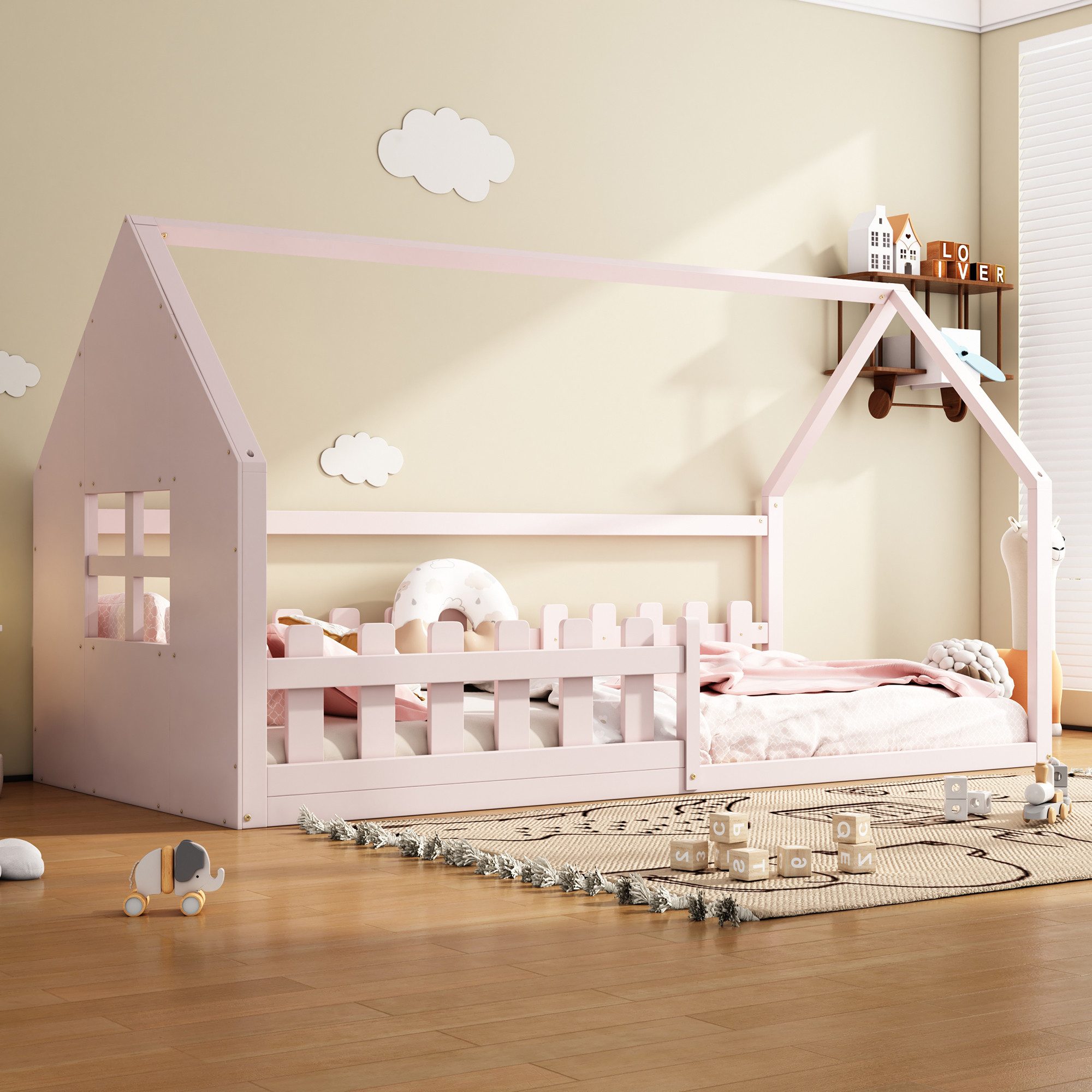 Flieks Massivholzbett, Kinderbett Hausbett Einzelbett 90x200cm günstig online kaufen