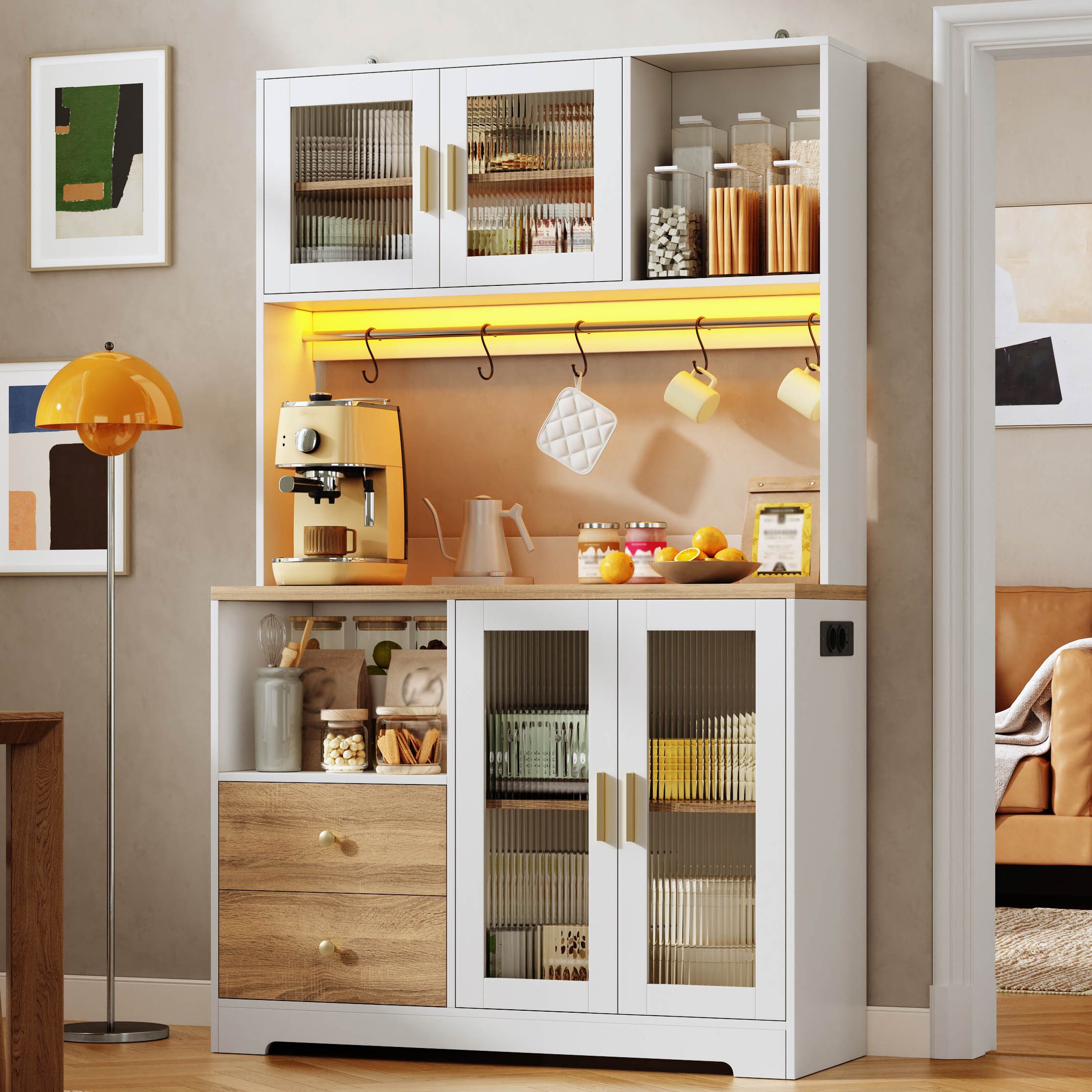 Flieks Küchenbuffet Hochschrank mit Arbeitsplatte in Holzoptik, Steckdose, LED-Beleuchtung (B110/T40/H178 cm, 1-St., Multifunktionsschrank mit Haken, Ladenfunktion) Küchenschrank Mehrzweckschrank mit Glastür, verstellbarer Ablagen Weiß
