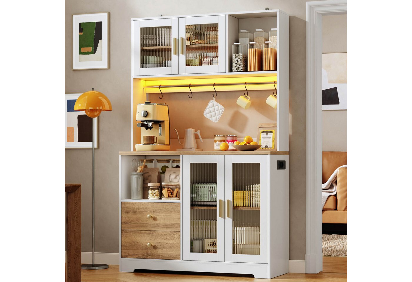 Flieks Küchenbuffet Hochschrank mit Arbeitsplatte in Holzoptik, Steckdose, LED-Beleuchtung (B110/T40/H178 cm, 1-St., Multifunktionsschrank mit Haken, Ladenfunktion) Küchenschrank Mehrzweckschrank mit Glastür, verstellbarer Ablagen Weiß