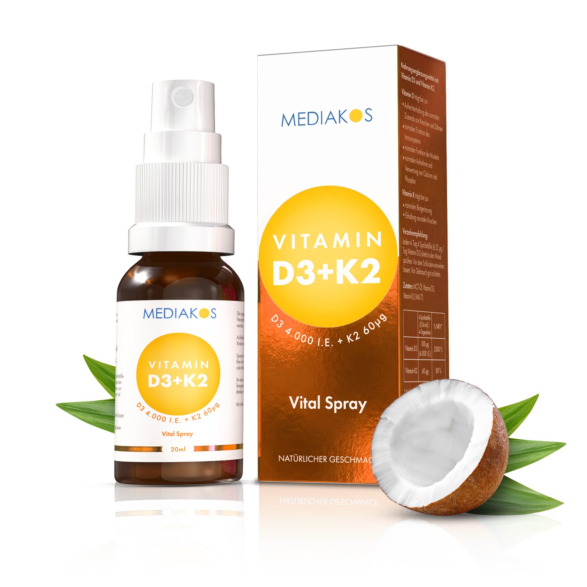 Mediakos Mediakos Vitamin D3 + K2 4.000 I.E. 60 µg Vital Spray, für Immunsystem, Knochen, Zähne und Muskeln – Geschmacksneutral & Ohne Zucker! à 20 ml