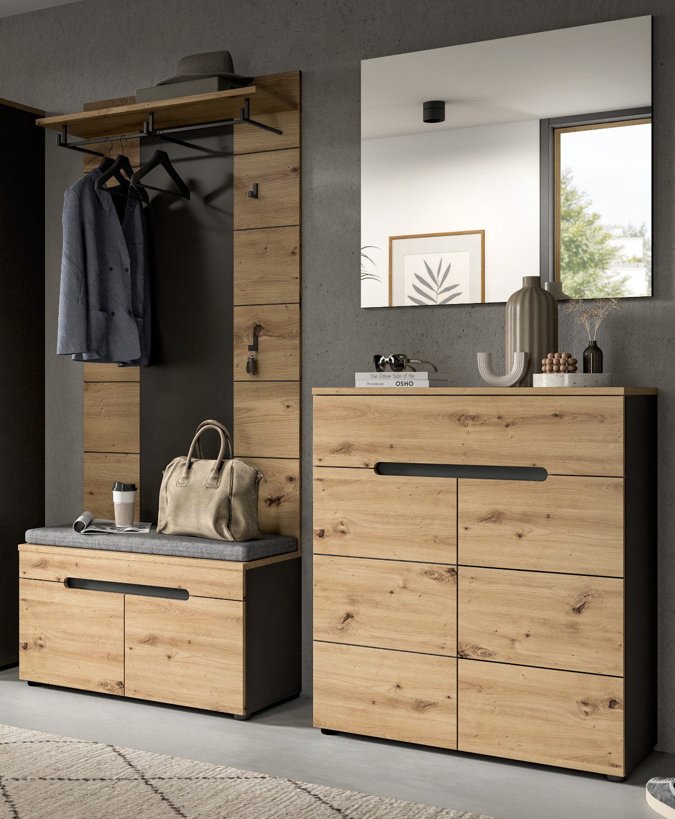 Inn.Furn Garderoben-Set Cooper, (Flurgarderobe in Eiche Artisan und Basalt grau, 4-teilig, 170 x 190 cm), mit Soft-Close-Funktion