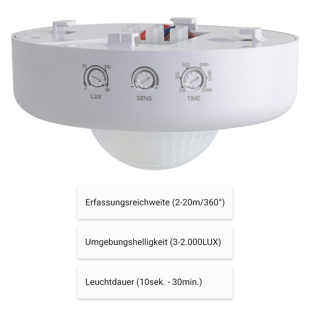 SEBSON Bewegungsmelder Infrarot Sensor Aufputz - Reichweite 20m 360° - Präsenzmelder Innen, (1-St), Atmungserkennung, Programmierbar, LED geeignet 1.000W, Deckenmontage