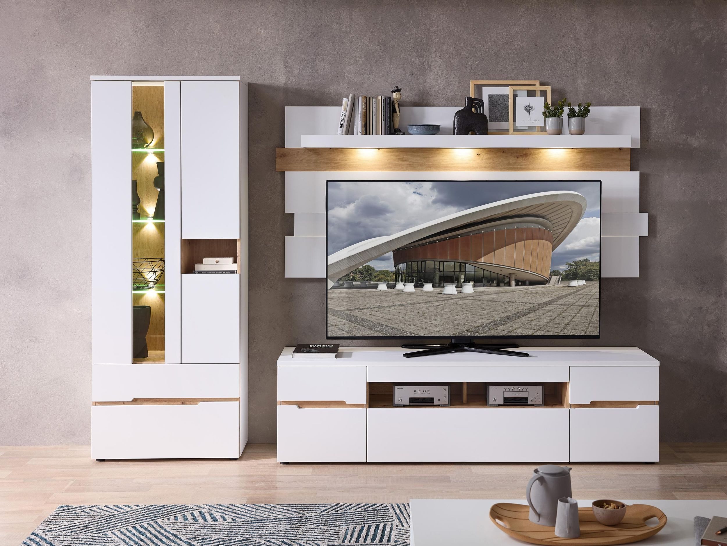 Innostyle TV-Board Lowboard MEMPHIS Weiß mit Artisan Eiche Nachbildung