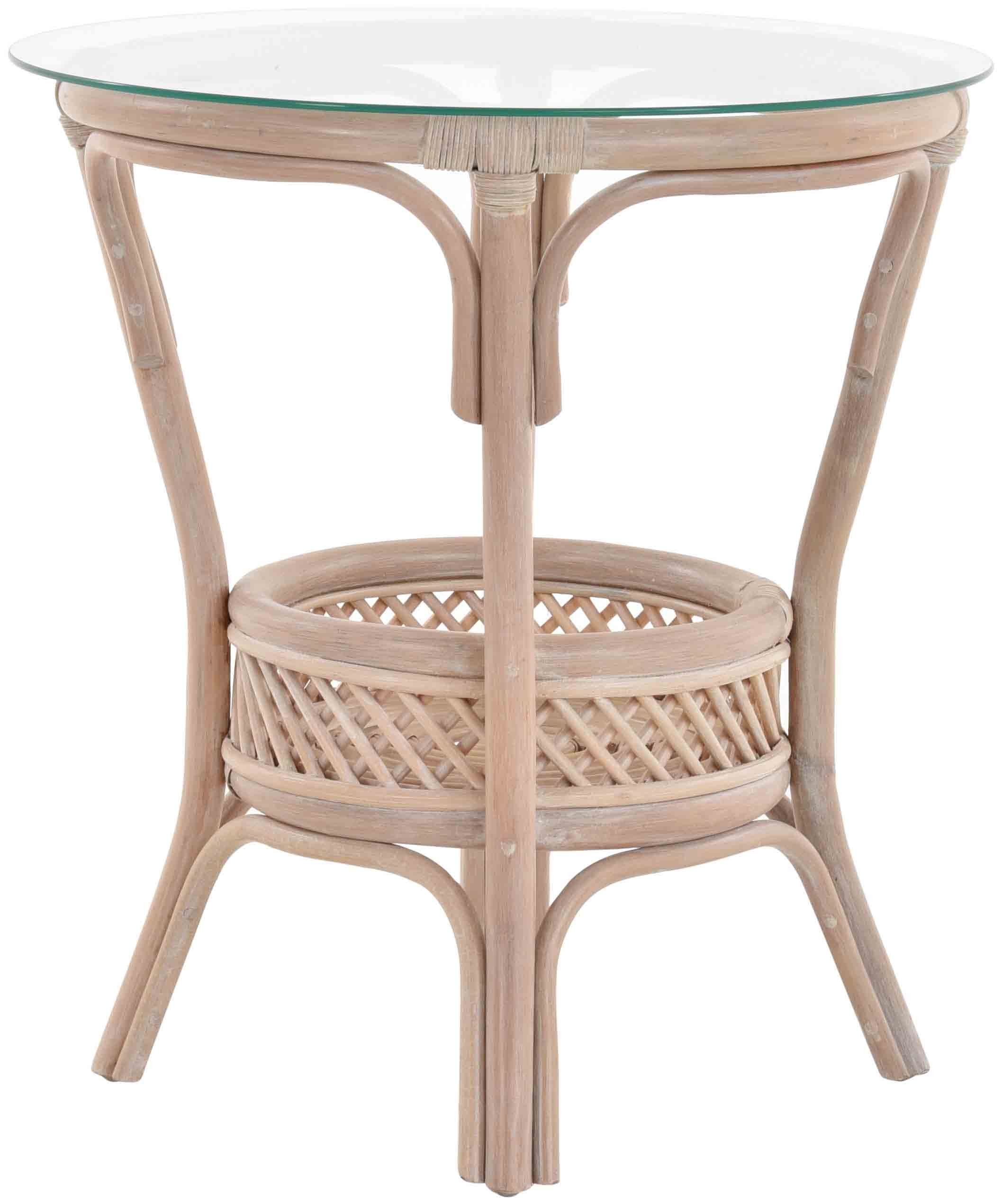 Krines Home Beistelltisch RattanTisch Beistelltisch Landhaus Rattantisch mit Glasplatte, Ø 59cm, Wohnzimmer Kaffetisch