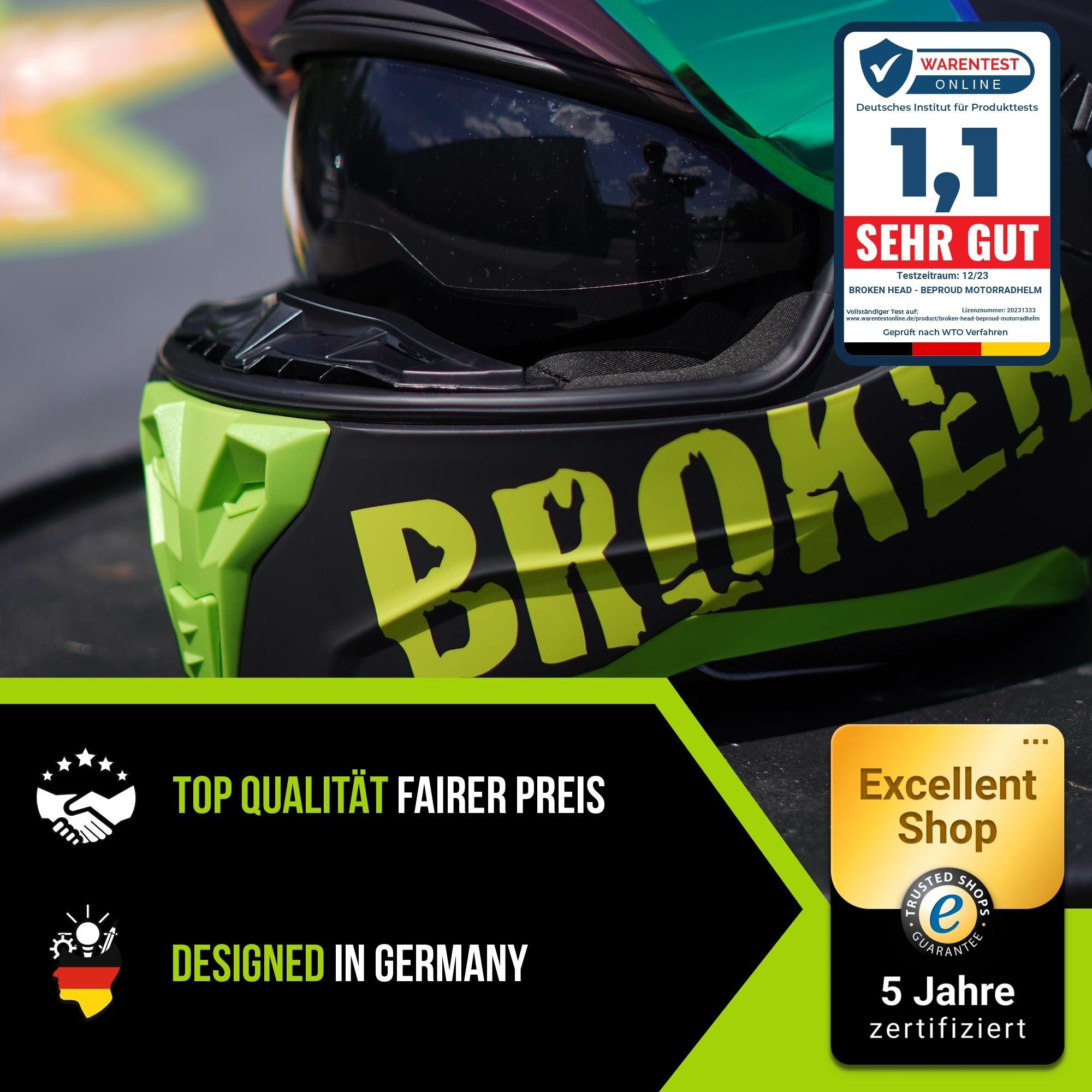 Broken Head Motorradhelm BeProud Pro Sport Grün (mit Sonnenblende, zwei Visieren und Spoiler), mit Sonnenblende