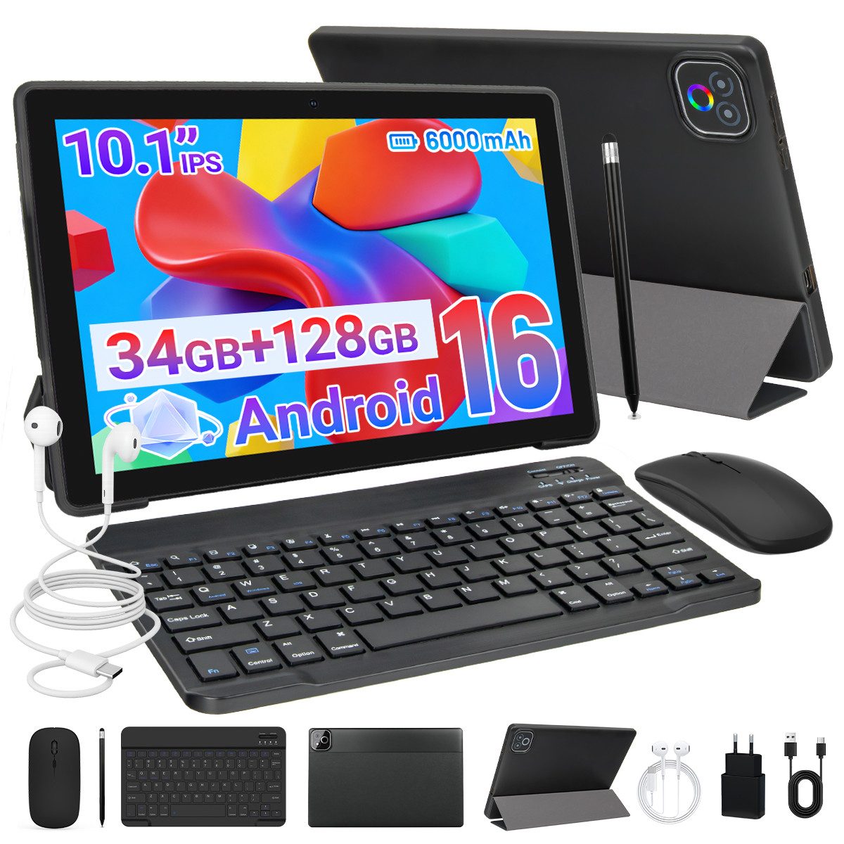 Happybe 10,1'' Octa-Core, 6000 mAh, HD 1280x800, 34GB/36GB RAM, 128GB/256GB Tablet (10.1", 128 GB, Android, Android 16, Gemini KI-Assistent, Widevine L1)