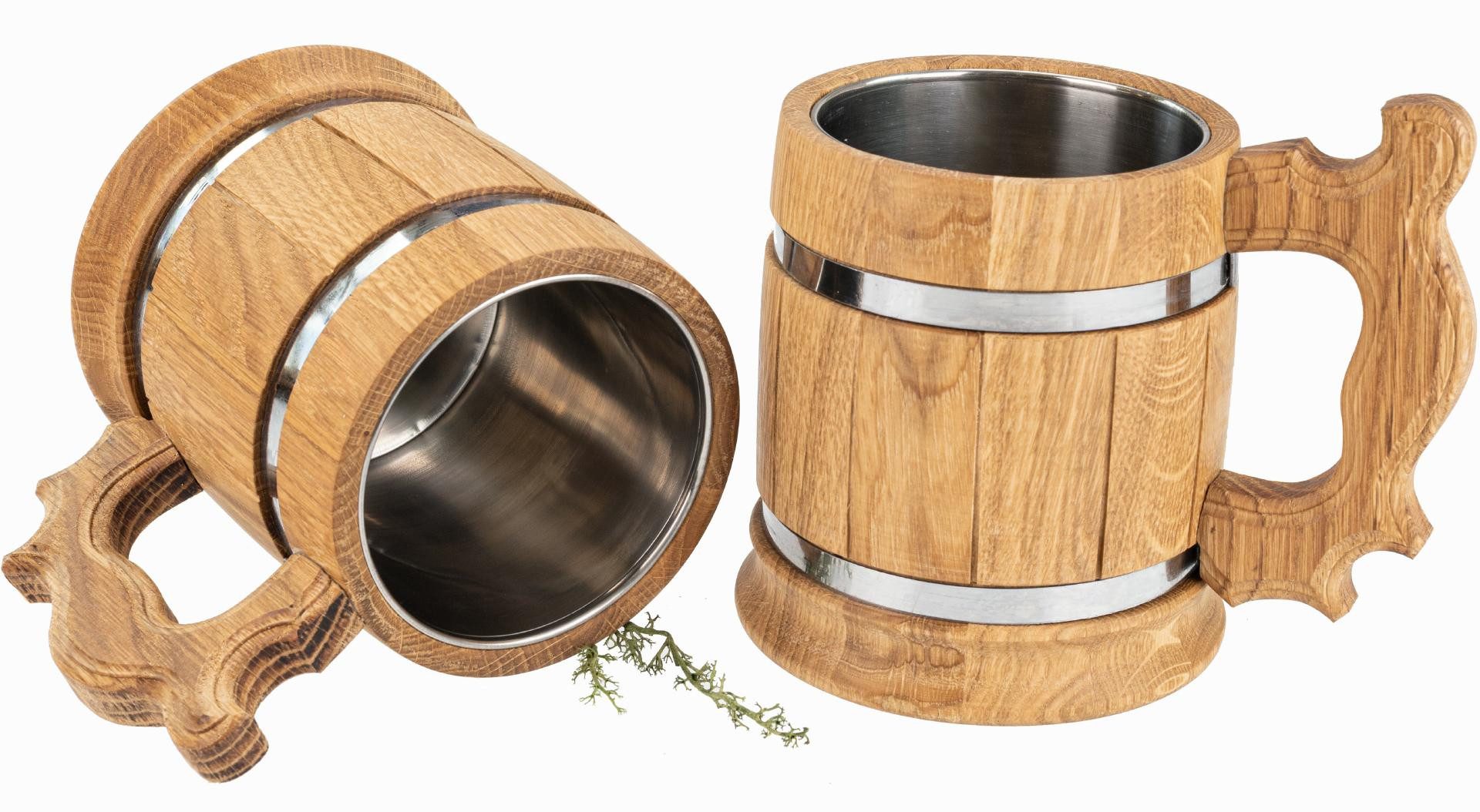 Holz Frank Bierkrug Bierkrug aus Eiche geölt mit Metallreifen & Edelstahleinsatz ca.0,5L, Eiche und Edelstahl