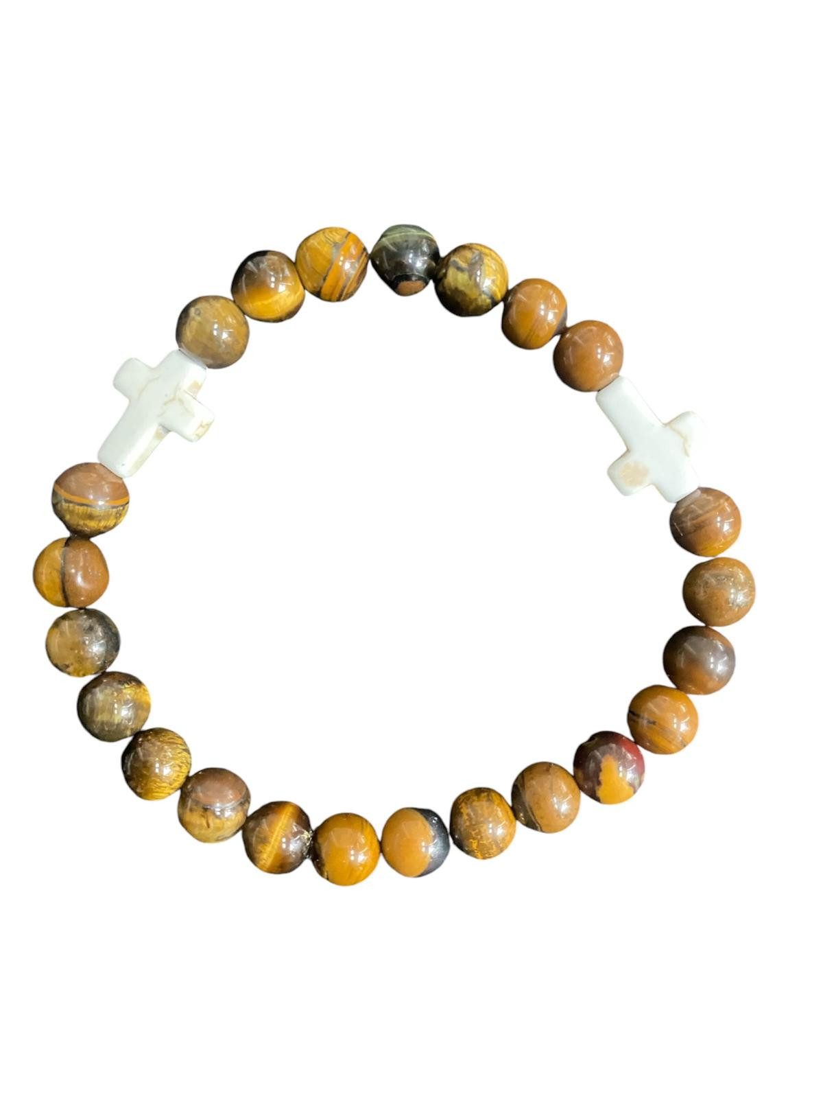 Aaron Bane Perlenarmband Tigerauge Edelstein Armband 3 Weiße Kreuze 23 Perlen (1-tlg)