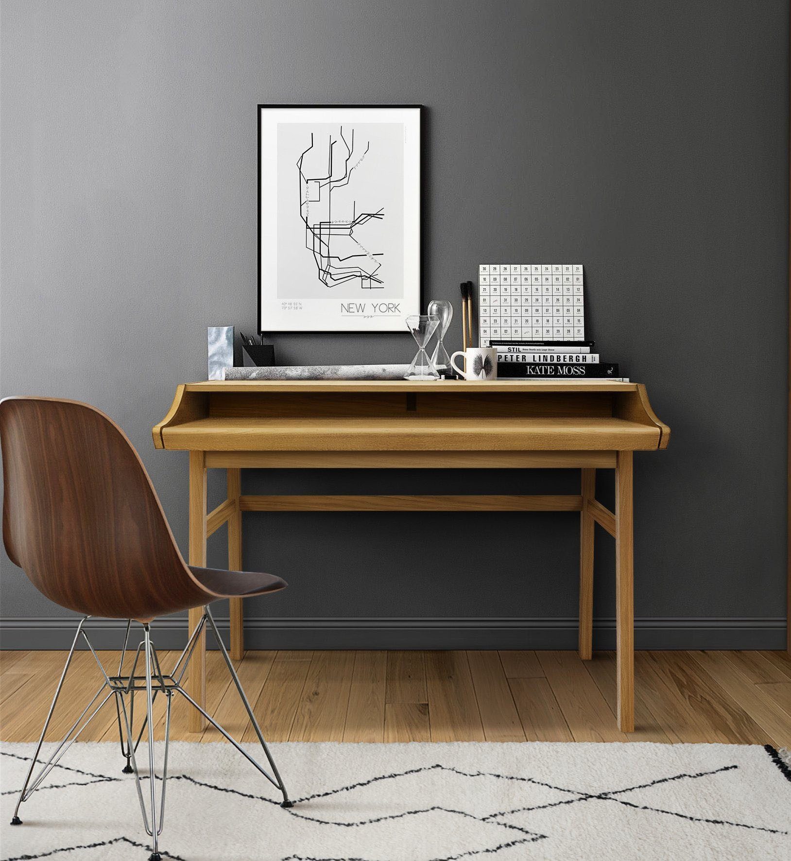 Woodman Schreibtisch Carteret, edles Holzfurnier aus Eiche, Gestell Massivholz, Breite 115 cm