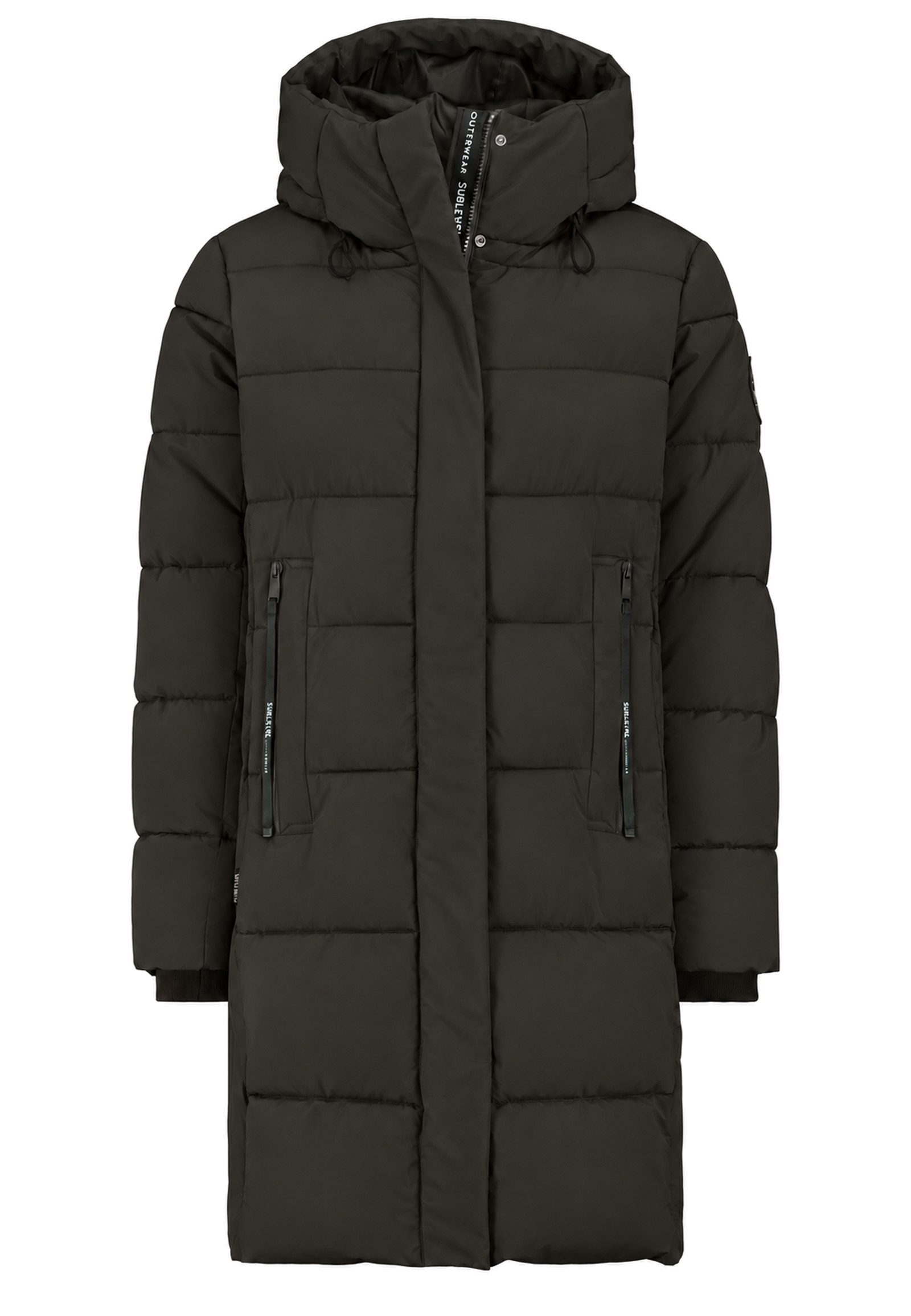 SUBLEVEL Winterjacke Langer Schnitt Quersteppung Logoakzente für Damen (1-St) Verstellbare Kapuze, Frontblende, Reißverschlusstaschen