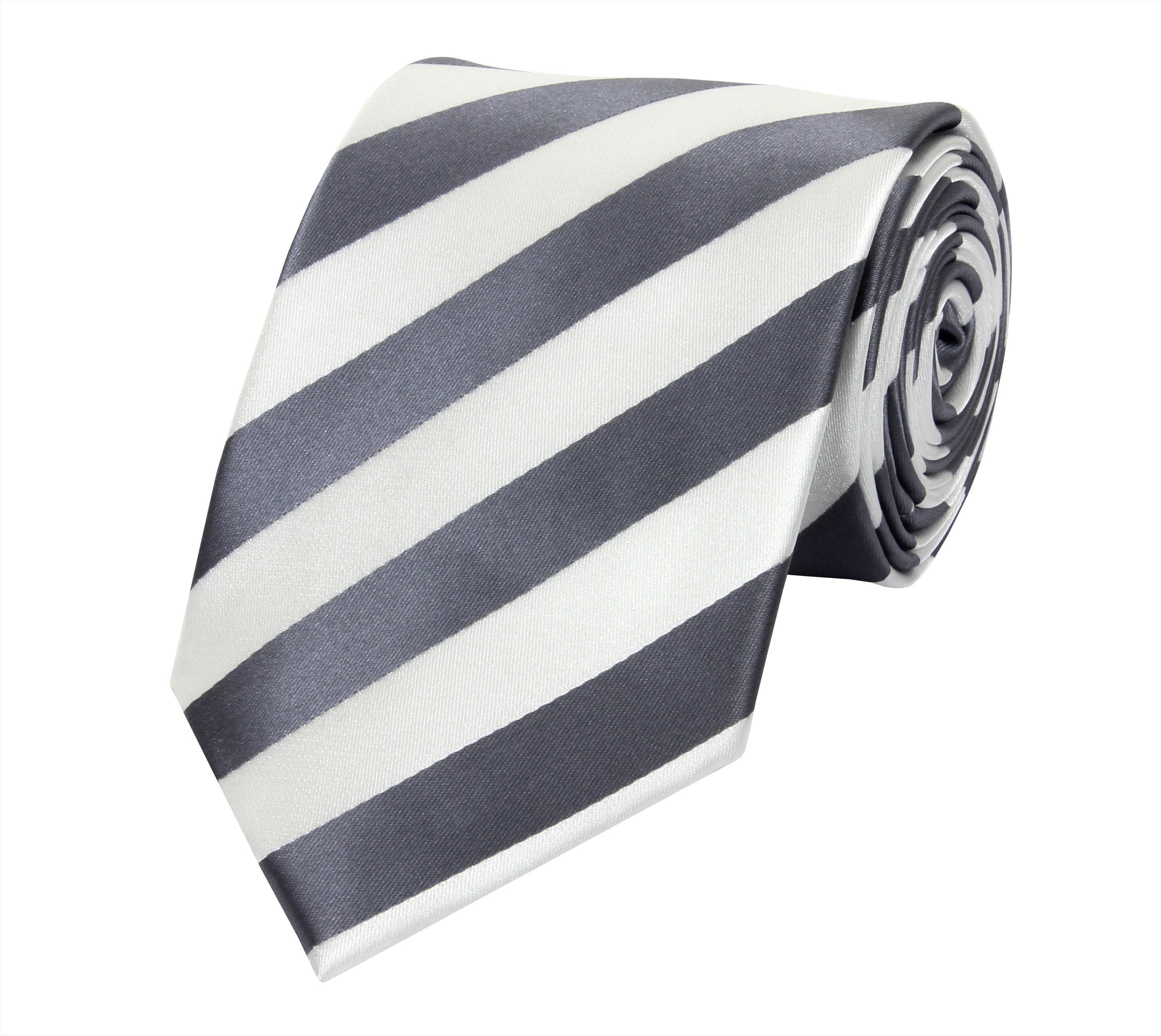 Krawatte Weiß/Grau in (8cm), Gestreift) Fabio Box, (ohne Krawatten - Schlips verschiedene Streifen Breit Herren 8cm klassische Farini
