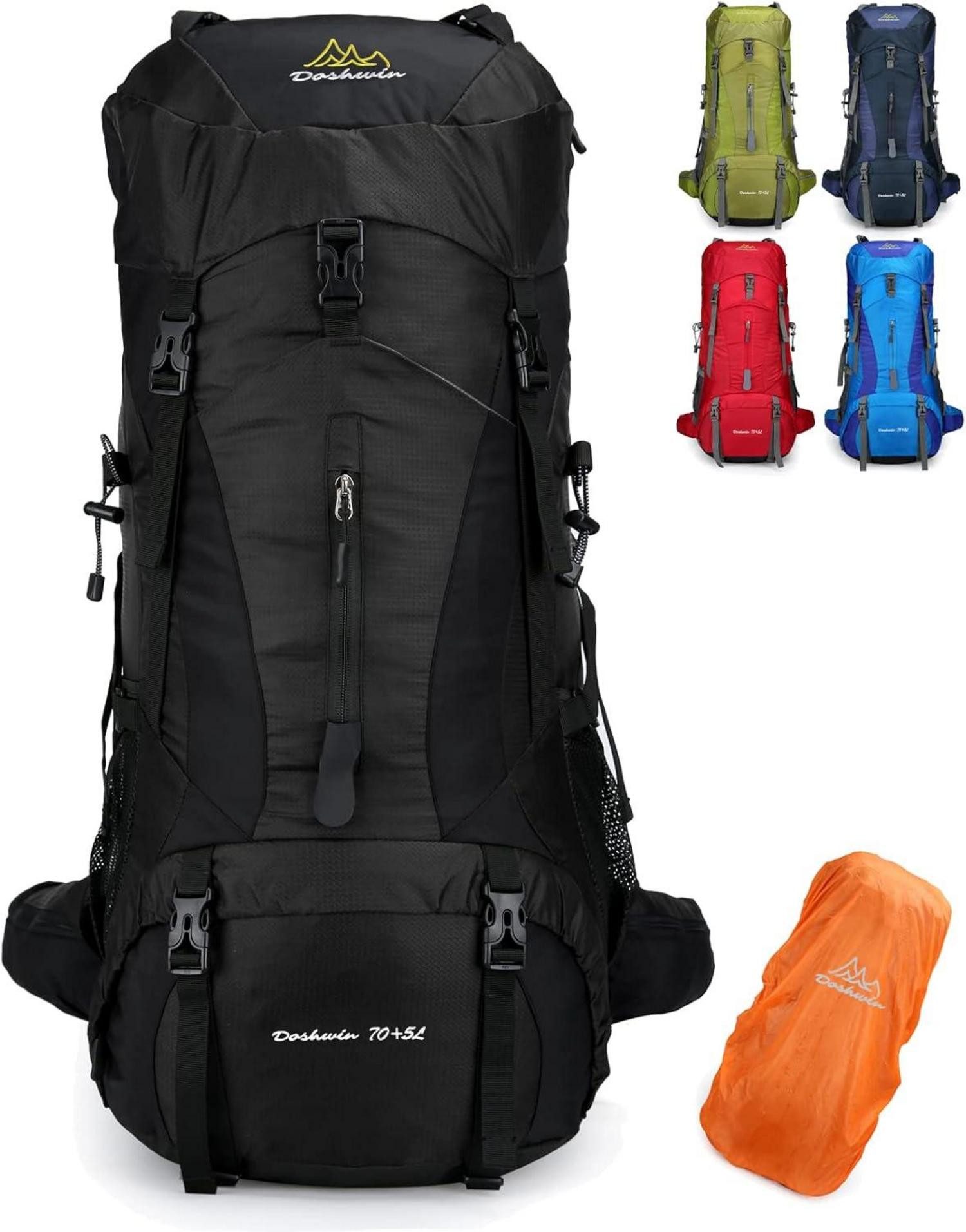 Trekkingrucksack 70L Mehrzweck Rucksack mit Regenschutz in Schwarz