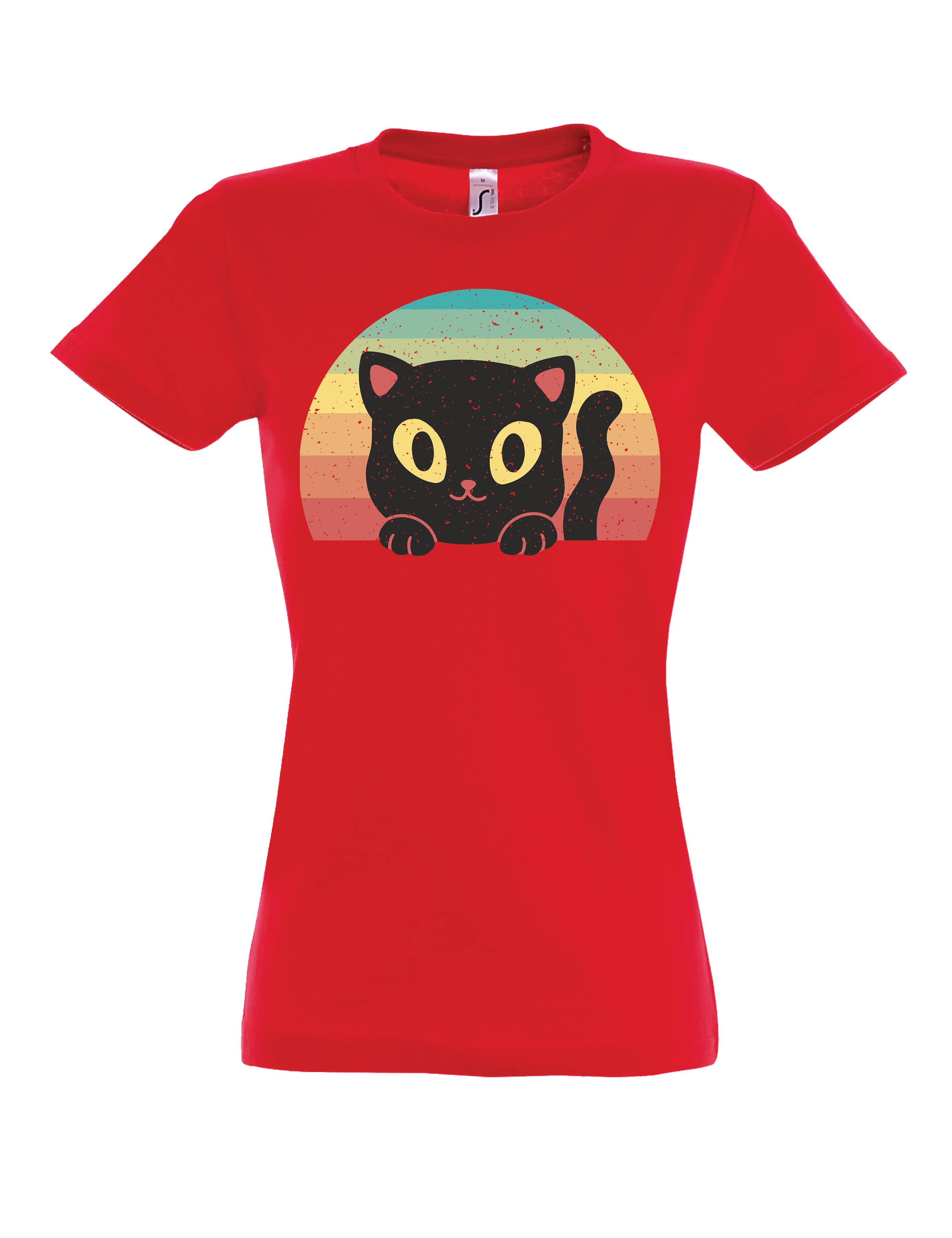 Print-Shirt "Retro Black Cat" Damen T-Shirt mit Lustigen Print Geschenk Statement