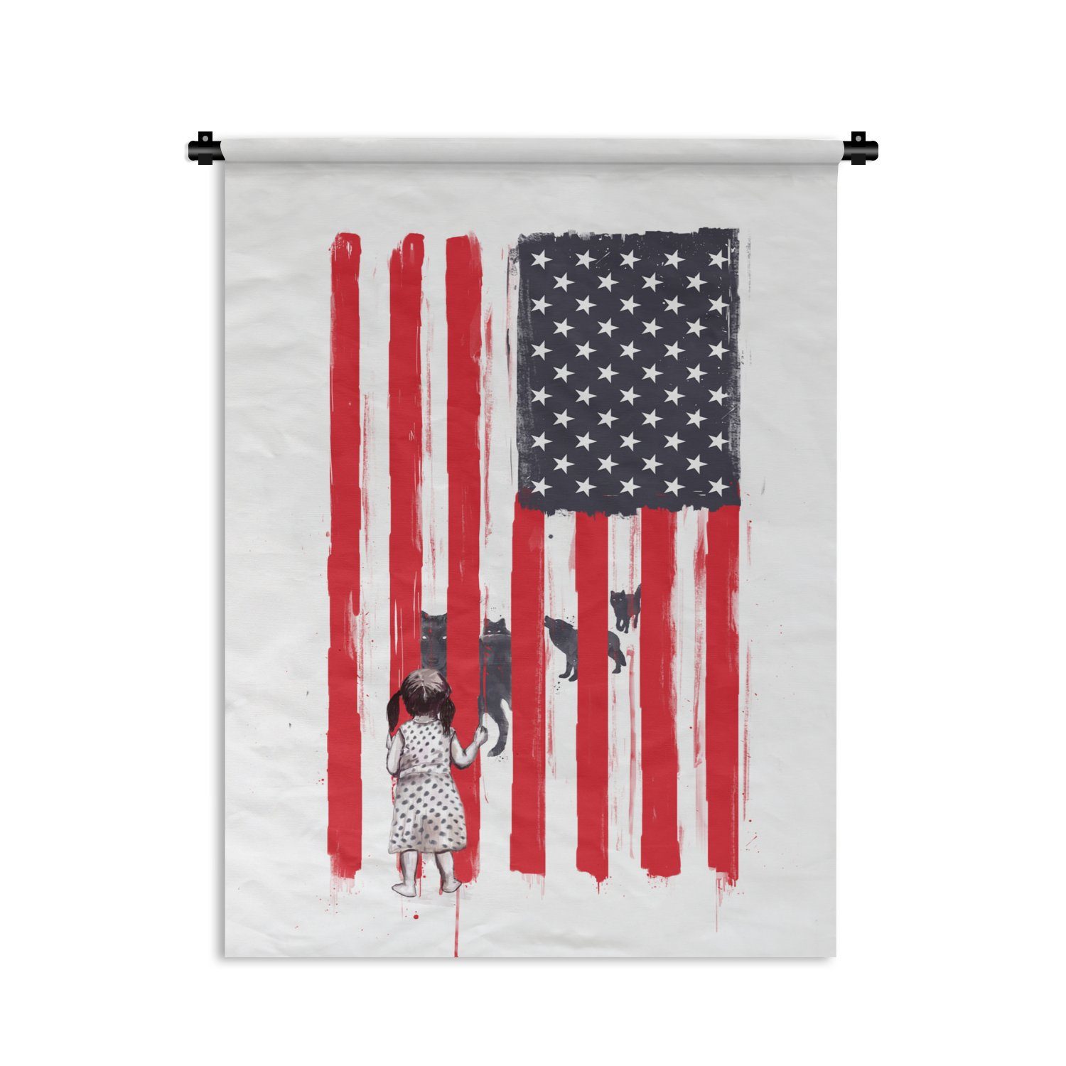 MuchoWow Wanddekoobjekt Mädchen - Vereinigte Staaten - Wölfe - Flagge, Deko für an der Wand, Wohnzimmer, Tapisserie, Schlafzimmer
