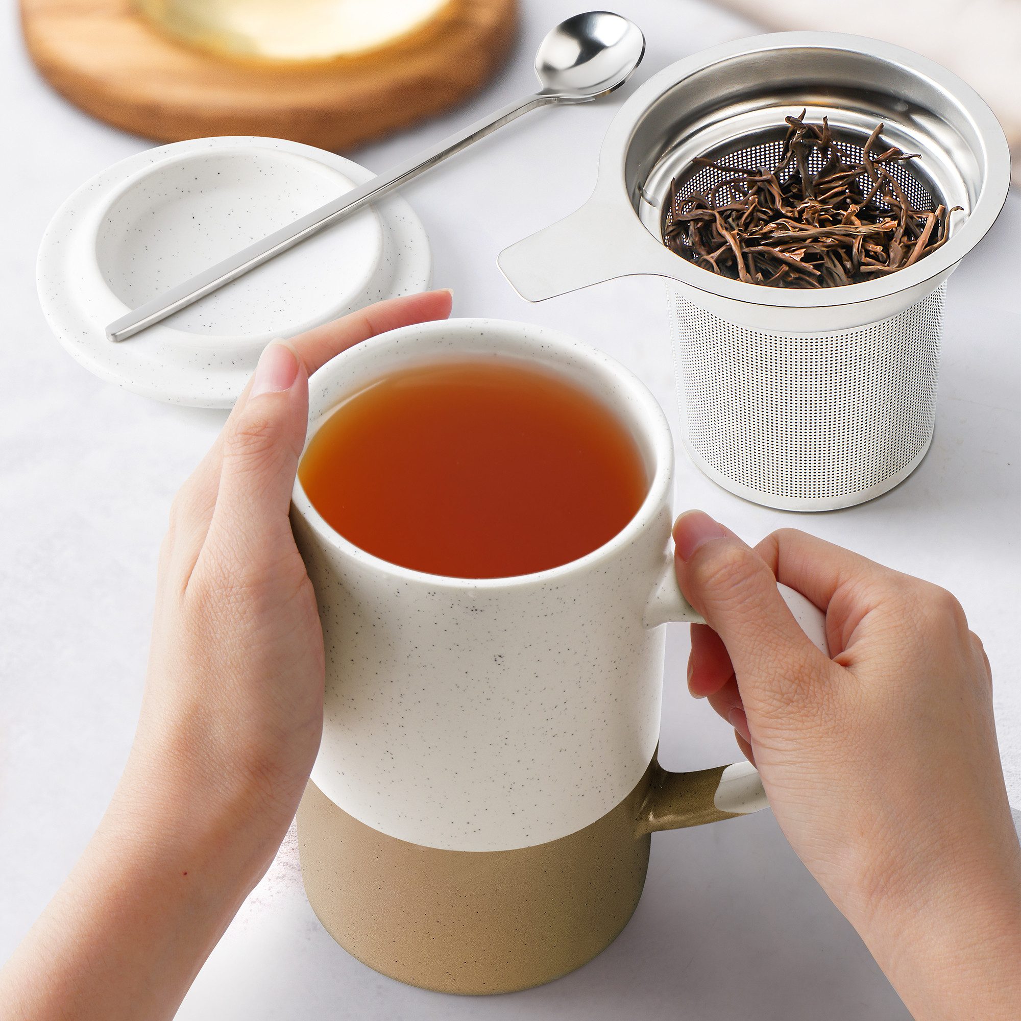 MiaMio Tasse für losen Tee mit Siebeinsatz und Deckel, Braun, 2-tlg., Keramik, 500 ml je Tasse