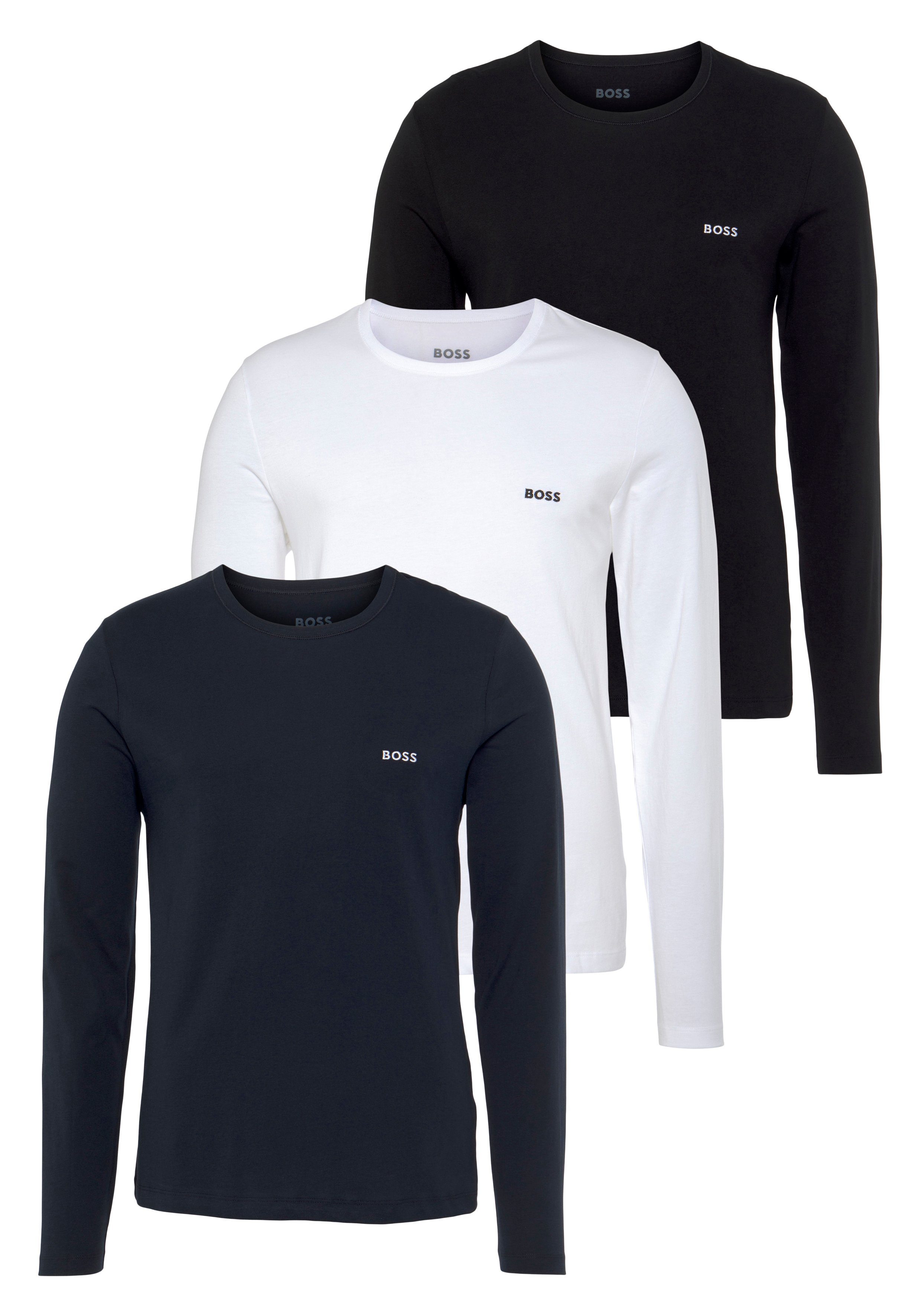 R-Neck longsleeve-Shirt BOSS 3pcs/pack BOSS COTTON weiß schwarz, Logo-Schriftzug Classic mit (3-tlg) Langarmshirt