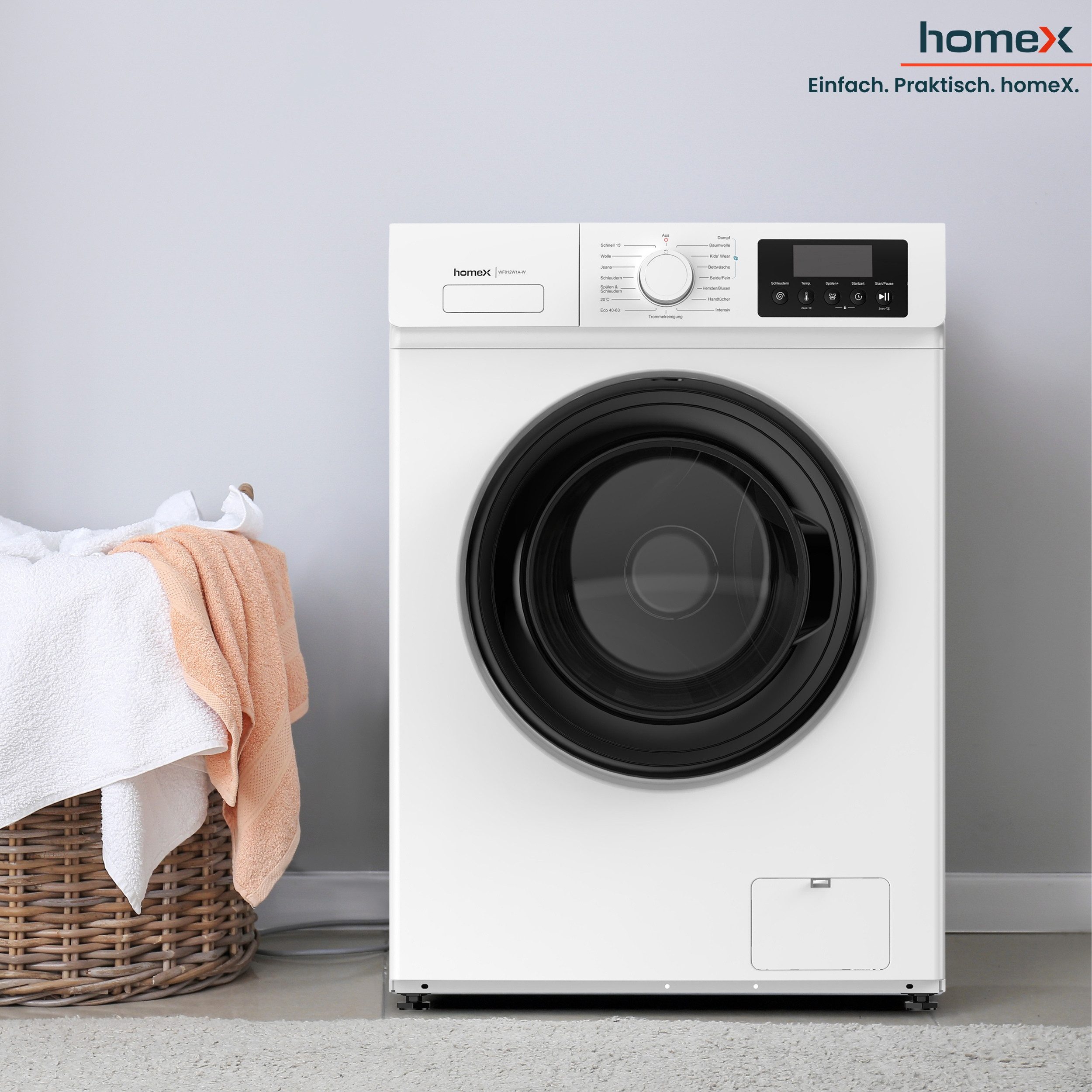 homeX Waschmaschine WF812W1A-W, 8 kg, 1200 U/min, Frontlader 8kg, 1.200 U/Min, Dampffunktion, Inverter Motor, EEK A -20% – Bild 4 von 5