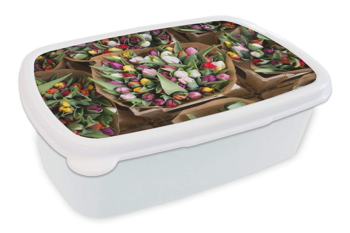 MuchoWow Lunchbox Blumen - Tulpen - Strauß, Kunststoff, (2-tlg), Brotbox für Kinder und Erwachsene, Brotdose, für Jungs und Mädchen weiß | Lunchboxen