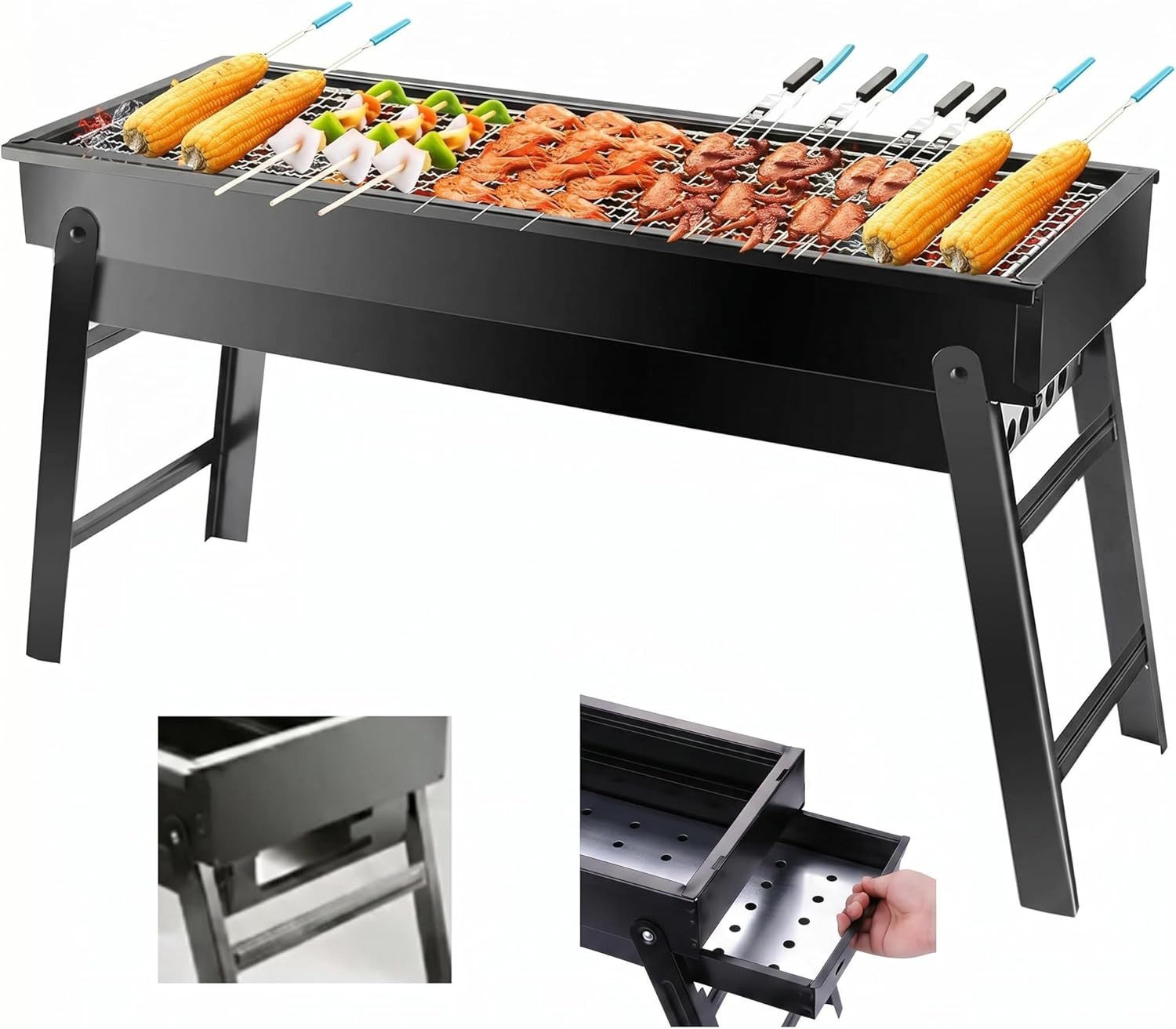 BlingBin Holzkohlegrill Faltbare Mini-Holzkohle-Einheit aus rostfreiem Stahl, 1er Set, 60 × 22 × 32 cm, leicht platzsparend für Camping, Garten, Picknick und Reise