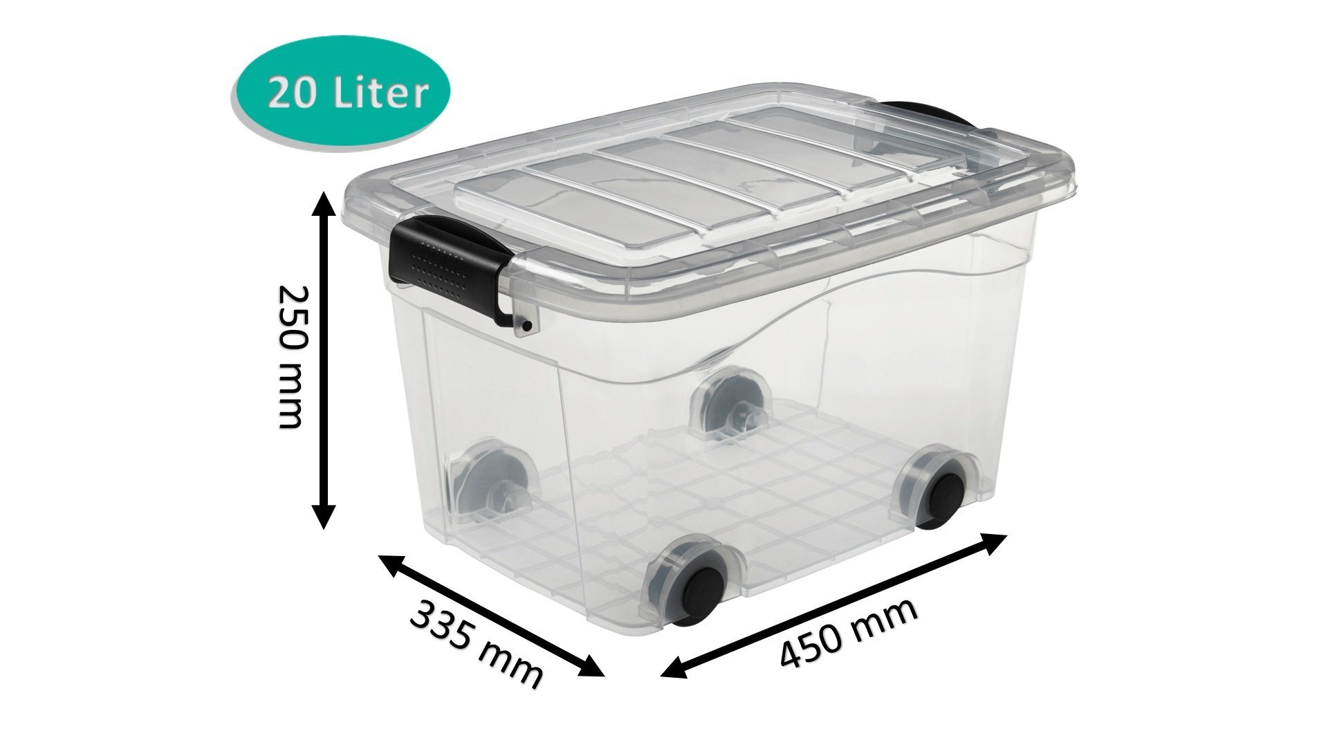 Logiplast Aufbewahrungsbox Set Aufbewahrungsboxen 20 Ltr. + 40 Ltr. + 60 Ltr. + 100 Ltr. (Spar-Set, 4 Stück Aufbewahrungsboxen), lebensmittelecht, mit Rollen, transparent, stapelbar