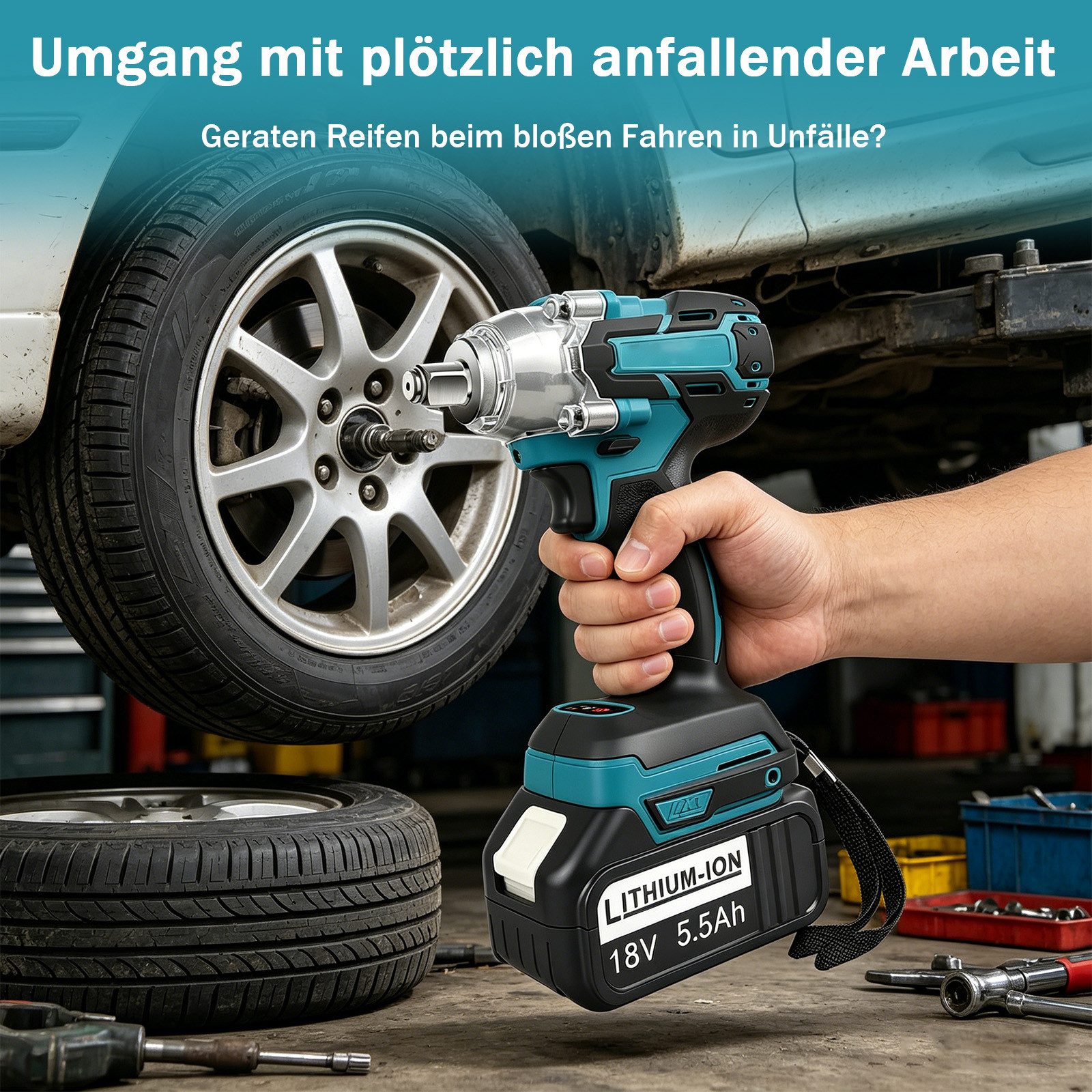 AKKEE Akku-Schlagschrauber 650Nm 1/2 Zoll Bürstenloser Elektro Schlagschrauber, 3200 U/min, 650 Nm, mit 2x Batterie, Für die tägliche Autowartung im Bauwesen