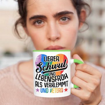 Trendation Tasse Trendation - LGBT Tasse Geschenk für Schwule Lesben Transgender Regenbogen Lustige Grafik Regenbogen LIeber Schwul Und Hetero Als Verklemmt und Hetero