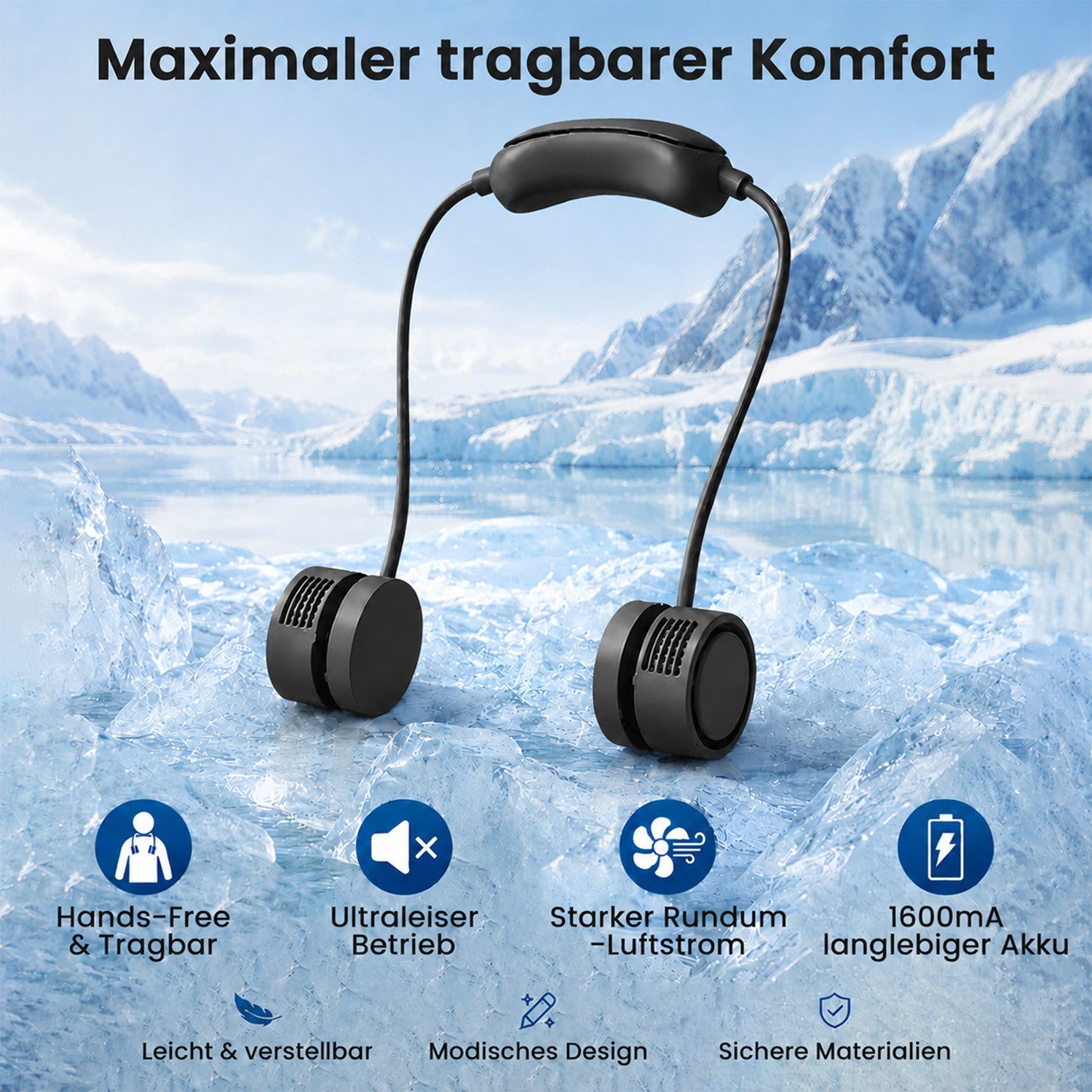 MOPUEA Turboventilator Nackenventilator Klappbar Akku Leise Sport Faltbar Mini 3 Stufen