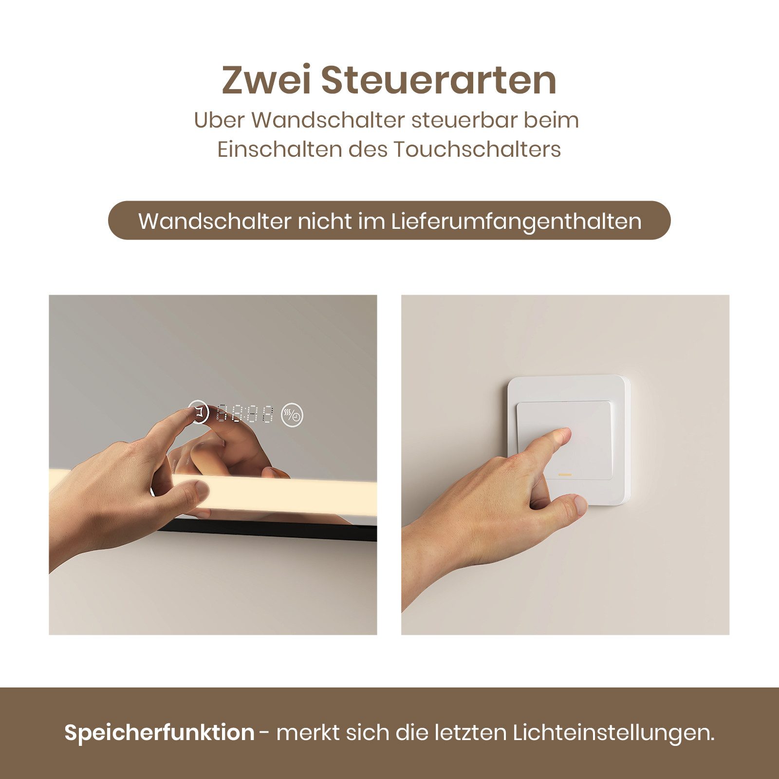EMKE Badspiegel LED Badezimmerspiegel mit Anti-Beschlag, Uhr, Temperatur & dimmbar, 4300 K, Antibeschlag, Uhr/Temperatur, Touch, Memory, IP20 70 × 50 cm – Bild 5 von 5