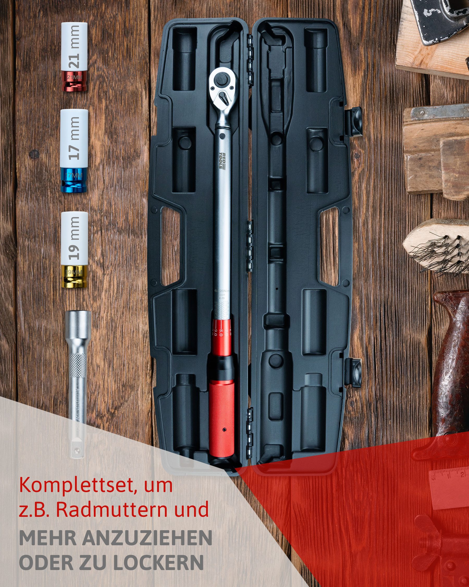 Red Tools Drehmomentschlüssel mit Zubehör & Koffer (Werkzeugkoffer, 1 St., 5-tlg), 1/2" Antrieb; Einsätze 17,19,21mm; 125mm Verlängerung; 40-220 Nm;