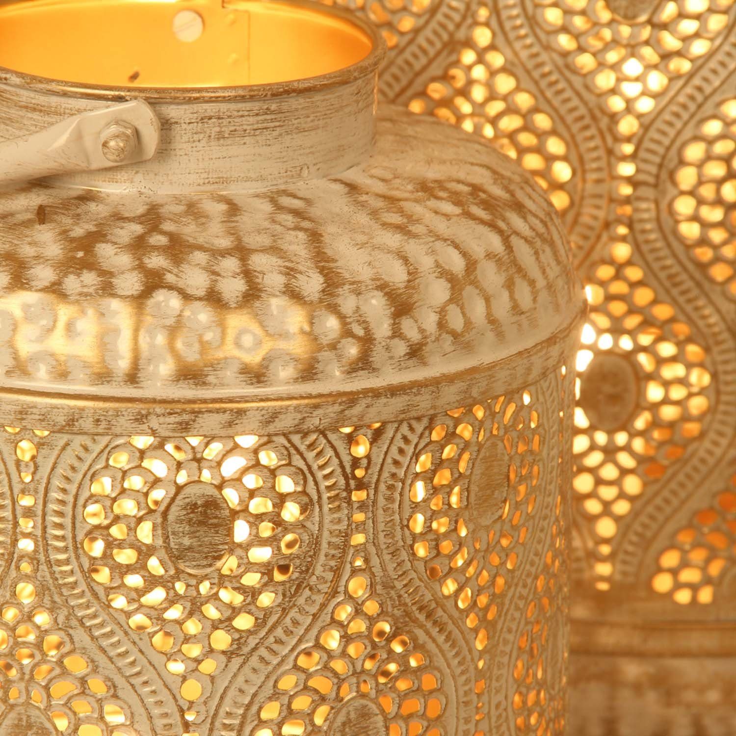 Casa Moro Kerzenlaterne Suraya 3er Set in Shabby Chic Weiß Gold aus Metall (Marokkanisches Windlicht stehend & hängend, 3er Set Wohn Deko), Tischlaterne für Ostern Muttertag Dekoration Idee Geschenk IRL5010