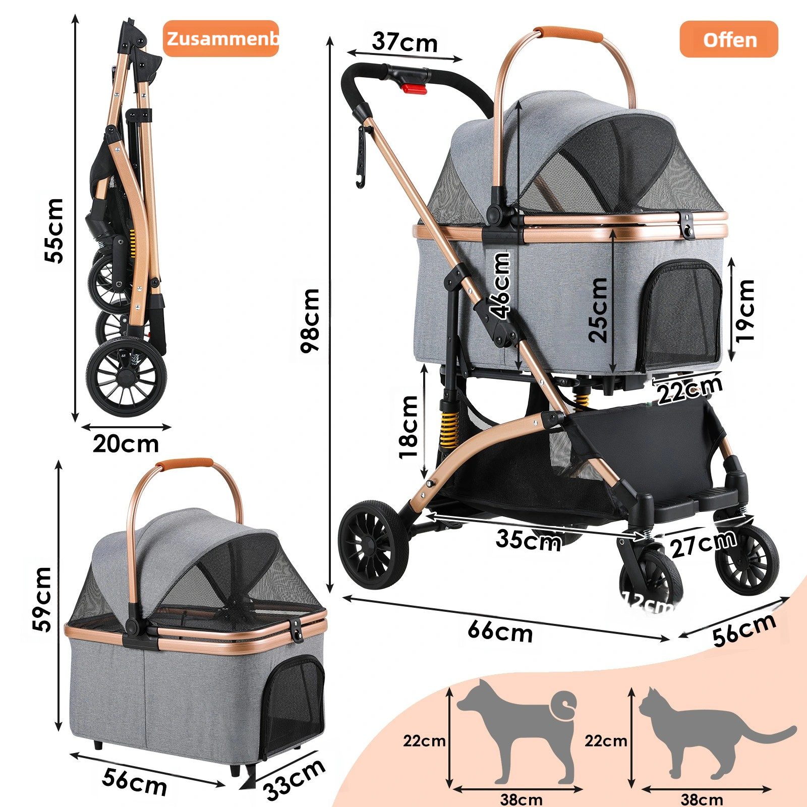 TLGREEN Hundebuggy klappbar, Leichtes Aluminium Gestell und atmungsaktives Mesh, (Hundewagen, Stoßfest & platzsparend für kleine Hunde/Katzen), Ideal für Reisen, Spaziergänge und Tierarztbesuche