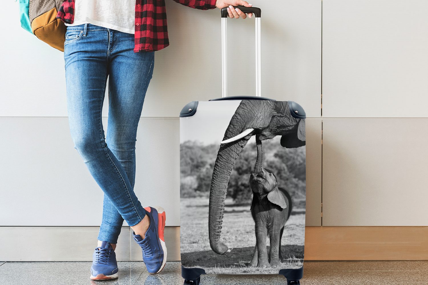 MuchoWow Handgepäckkoffer Elefantenbaby - Trolley, Rollen, rollen, Mutter Ferien, der Handgepäck 4 Reisetasche schwarz-weiß, Reisekoffer mit kommuniziert mit für