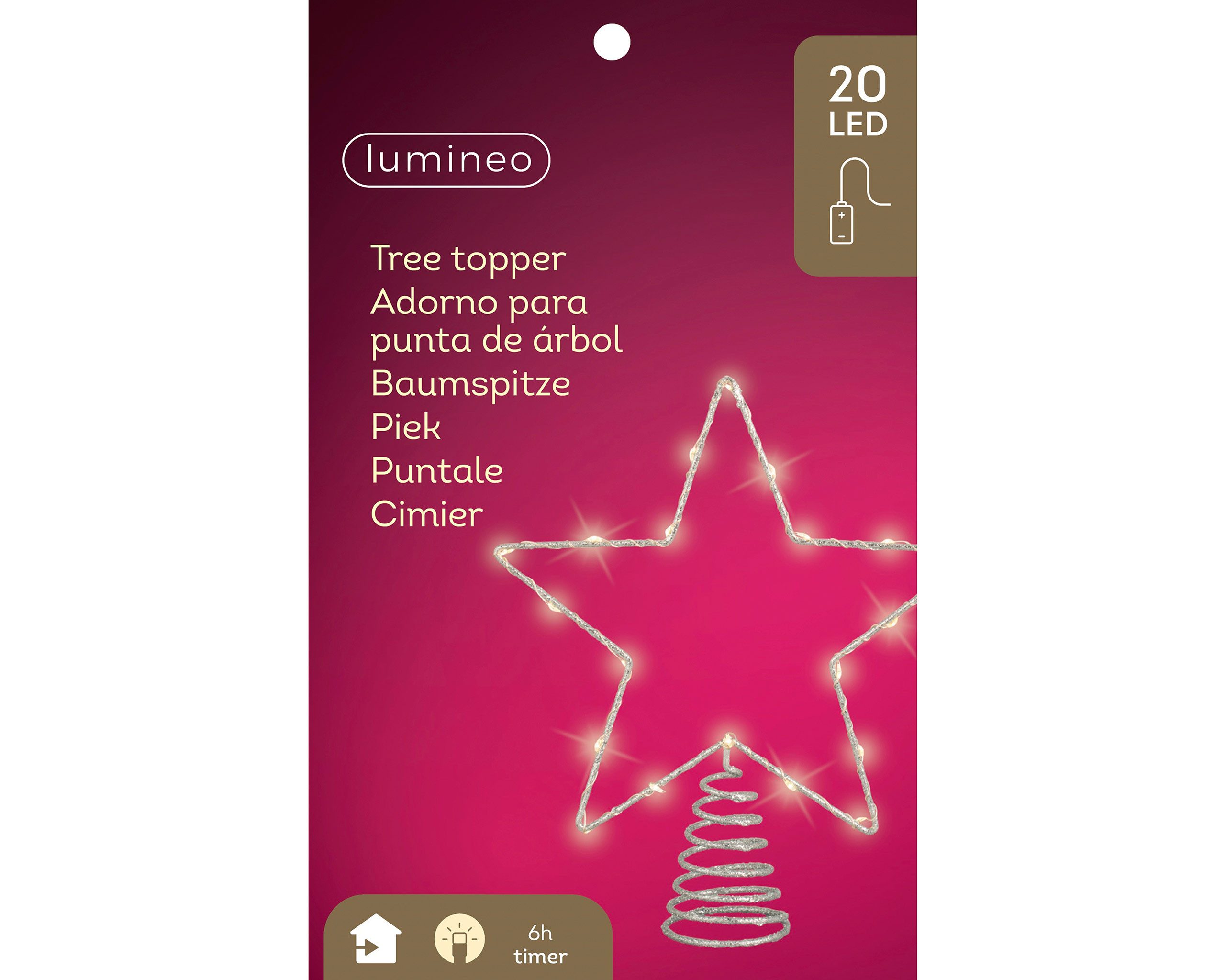 Lumineo Christbaumspitze, LED Christbaumspitze Stern mit Timer 27cm Metall Silber / Warmweiß