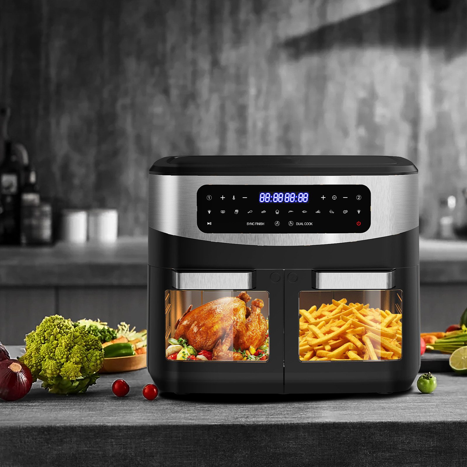 AIMAX Heißluftfritteuse 12L Dual Zone, Airfryer mit Sichtfenster, LED-Touch, 10 Programmen, gesund & fettarm, 2200 W, Doppelkammer mit herausnehmbarer Trennwand, Indoor-BBQ