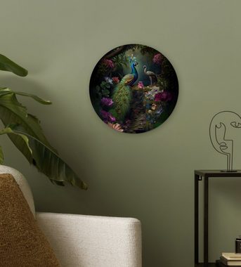 MuchoWow Gemälde Pfau - Blumen - Vögel - Dschungel, (1 St), Kreis Wanddekoration Forex, Rundes Wandbild, Wohnzimmer, 30x30 cm